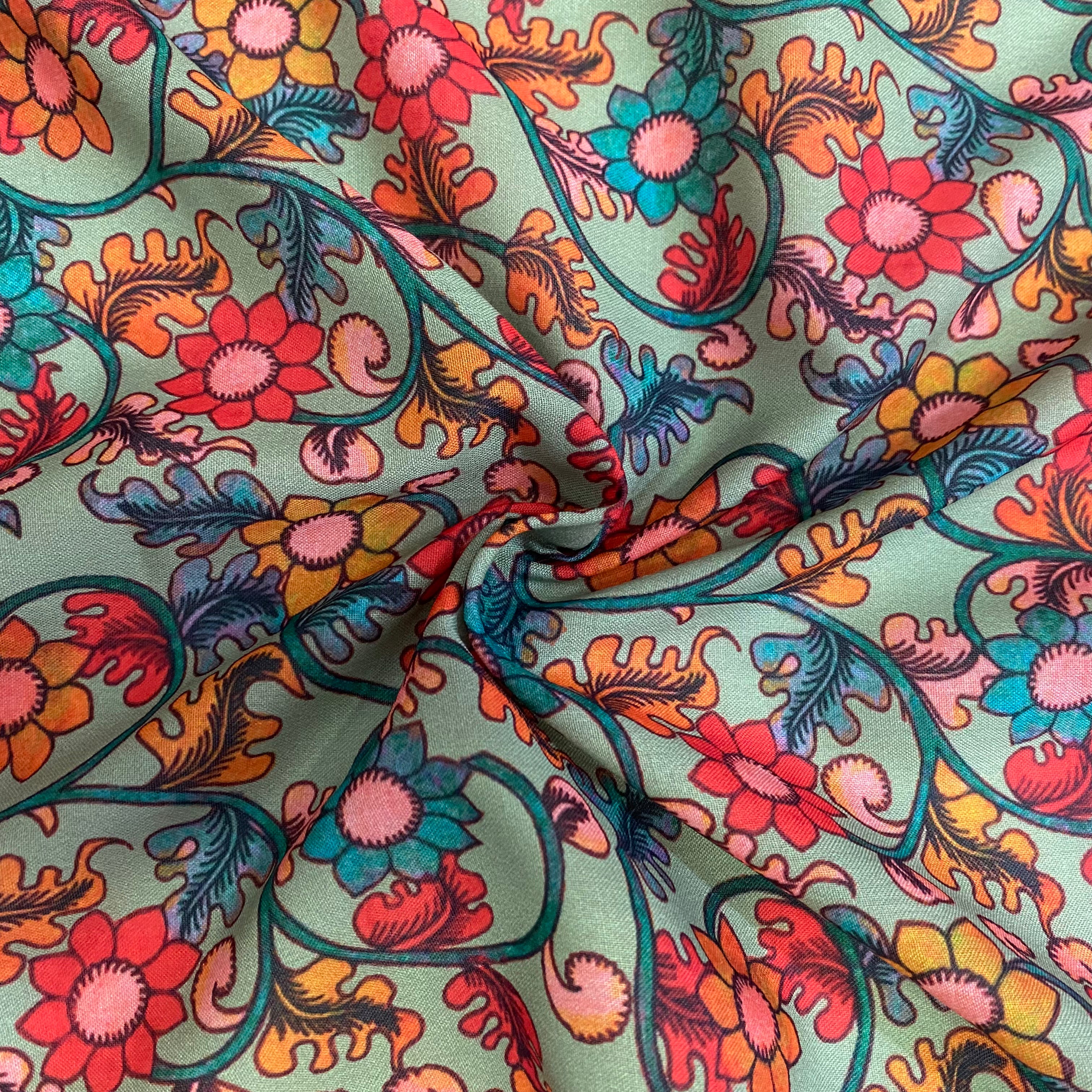 Best seller : Sage green kalamkari design on Soft Cotton fabric per meter