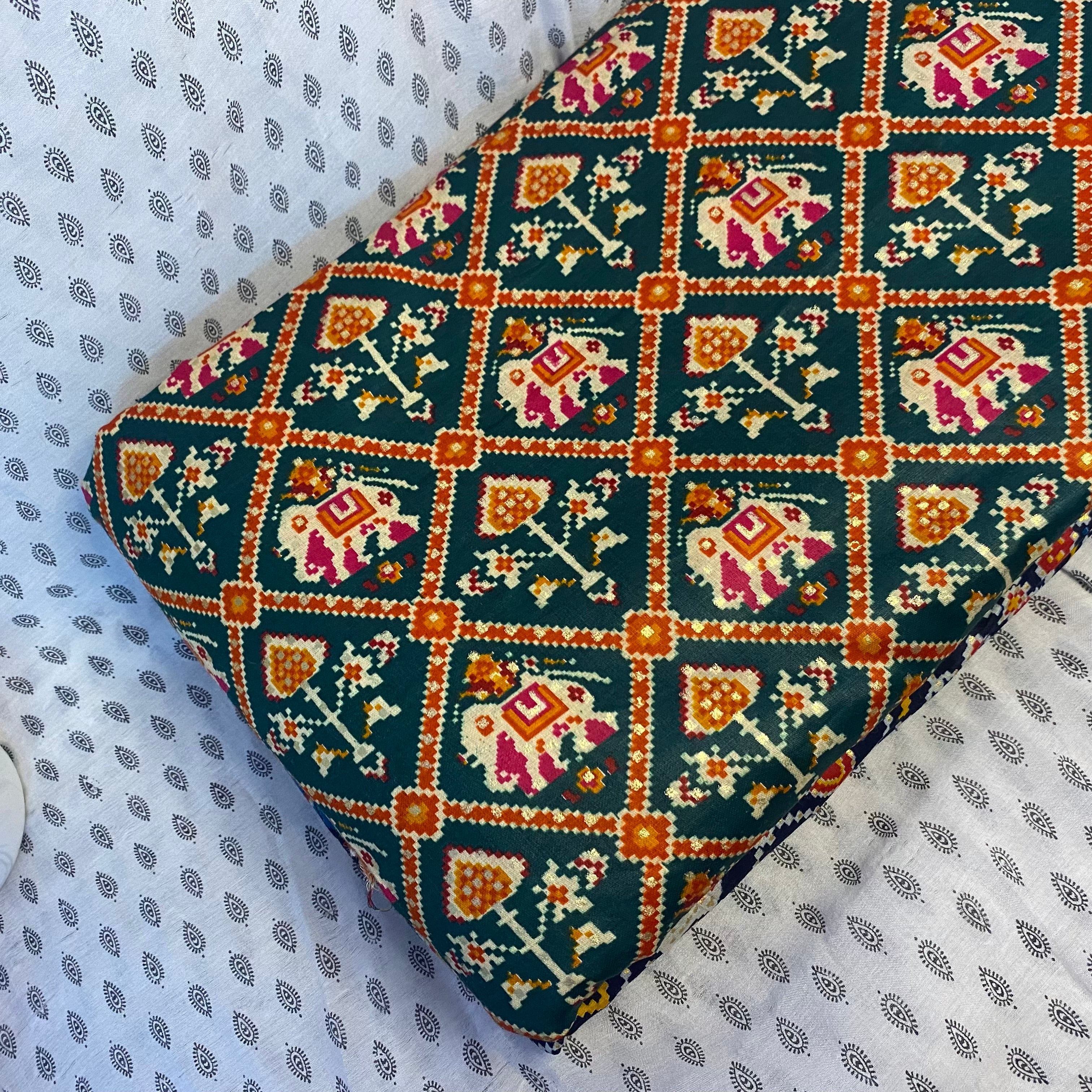 Evergreen Patola Foil Print on Glaze Cotton per meter