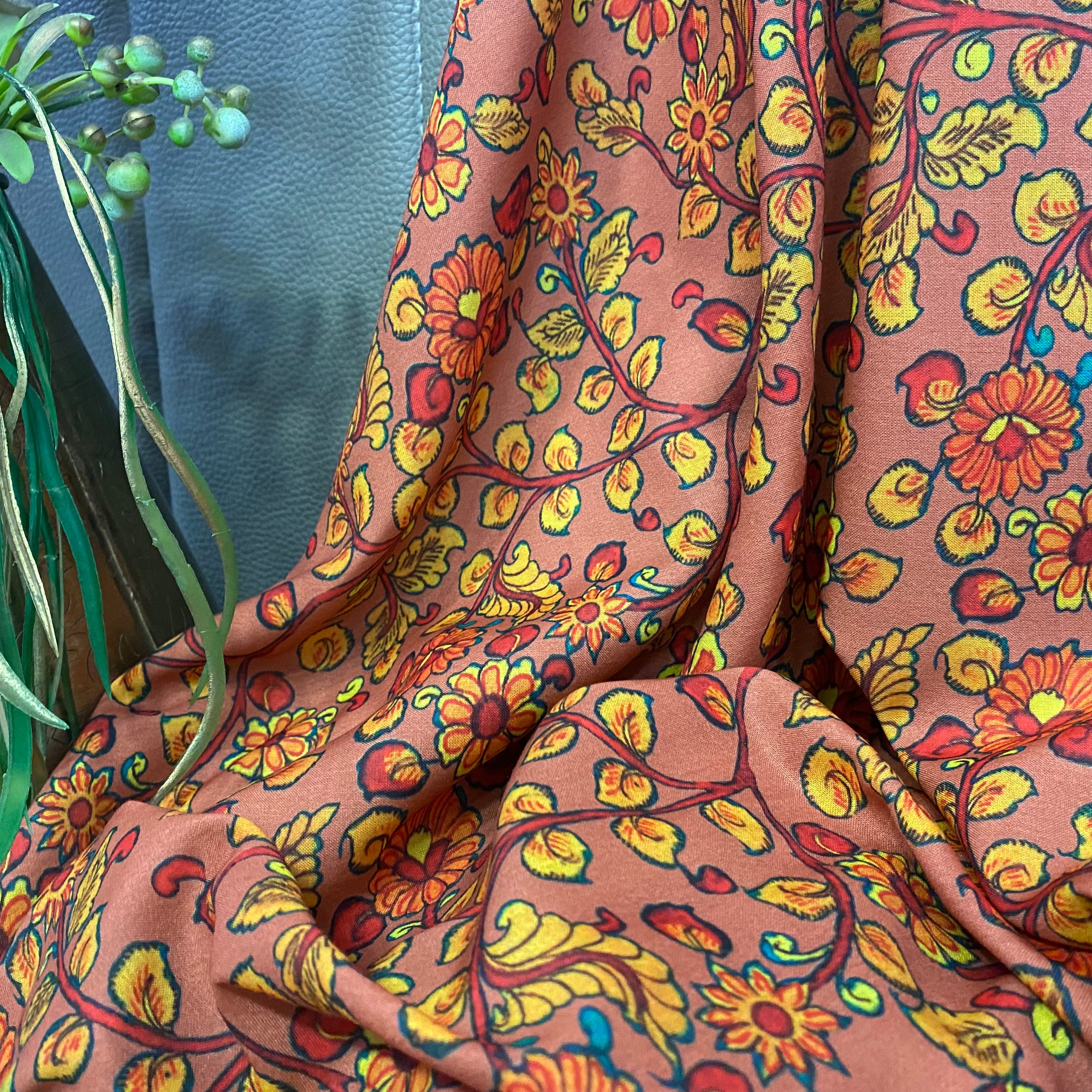 Earthy color kalamkari print on Soft-cotton fabric per meter