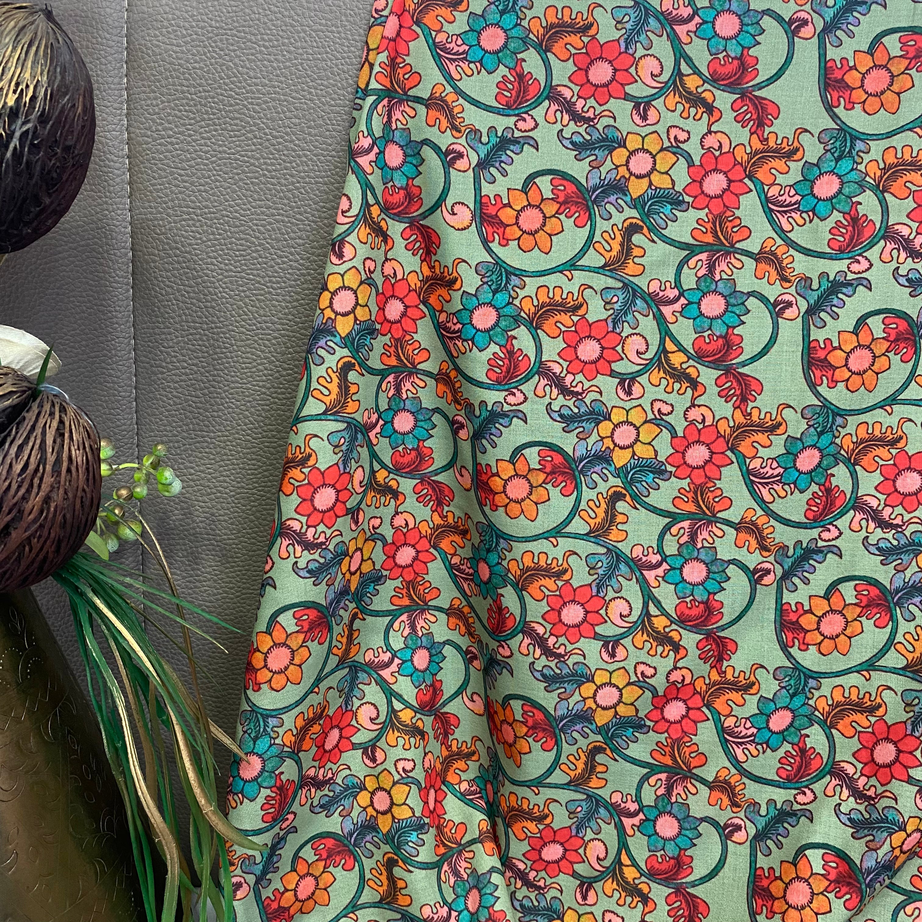 Best seller : Sage green kalamkari design on Soft Cotton fabric per meter