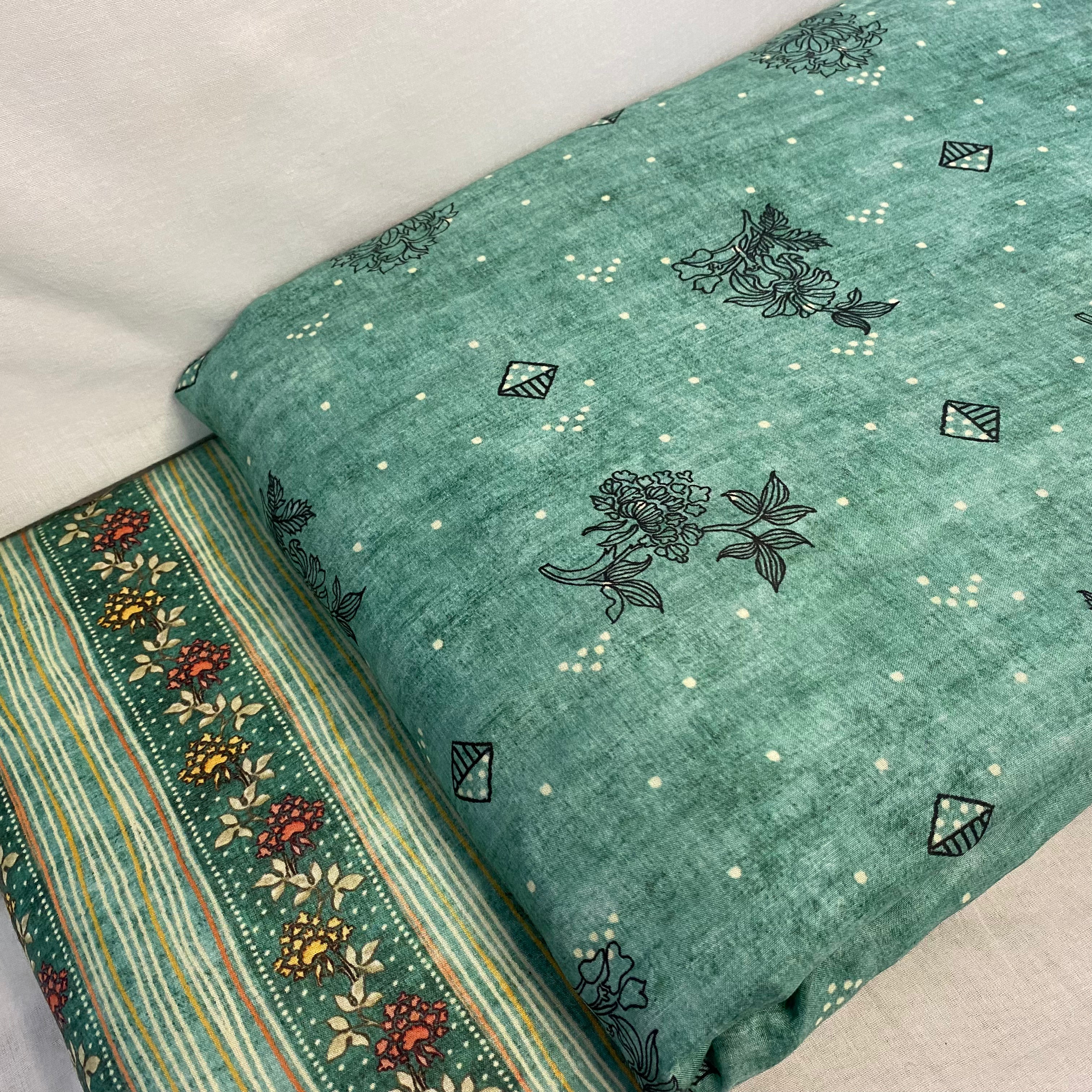 Abstract printed top with royal striped print on bottom on Muslin fabric, per meter price