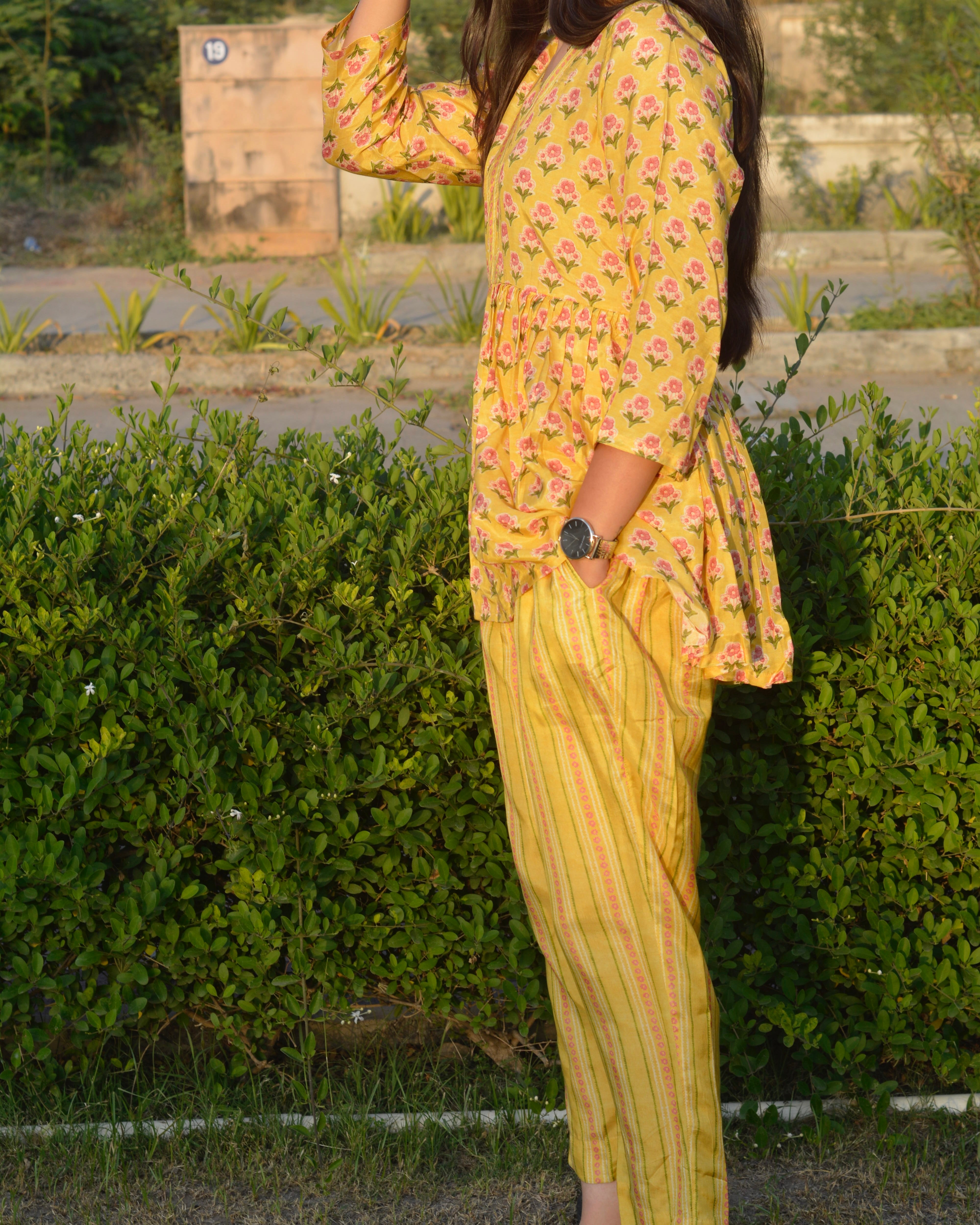 Yellow pure muslin contrasting Co-ord set