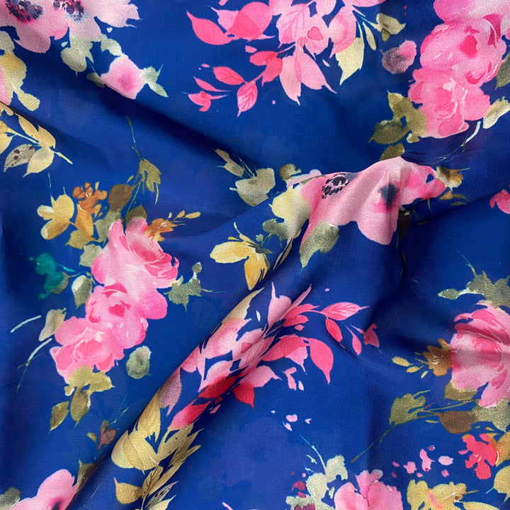 1 Meter - Georgette Satin Floral print on Royal blue