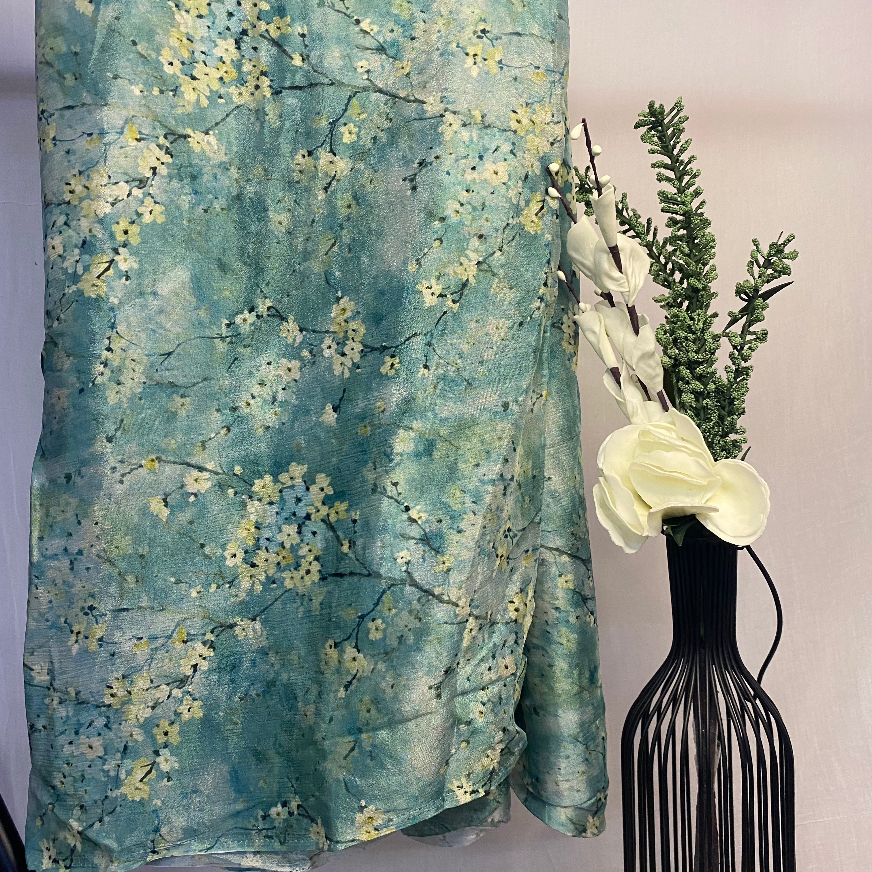 All over aesthetic floral print on Chinon chiffon Per meter (blue )