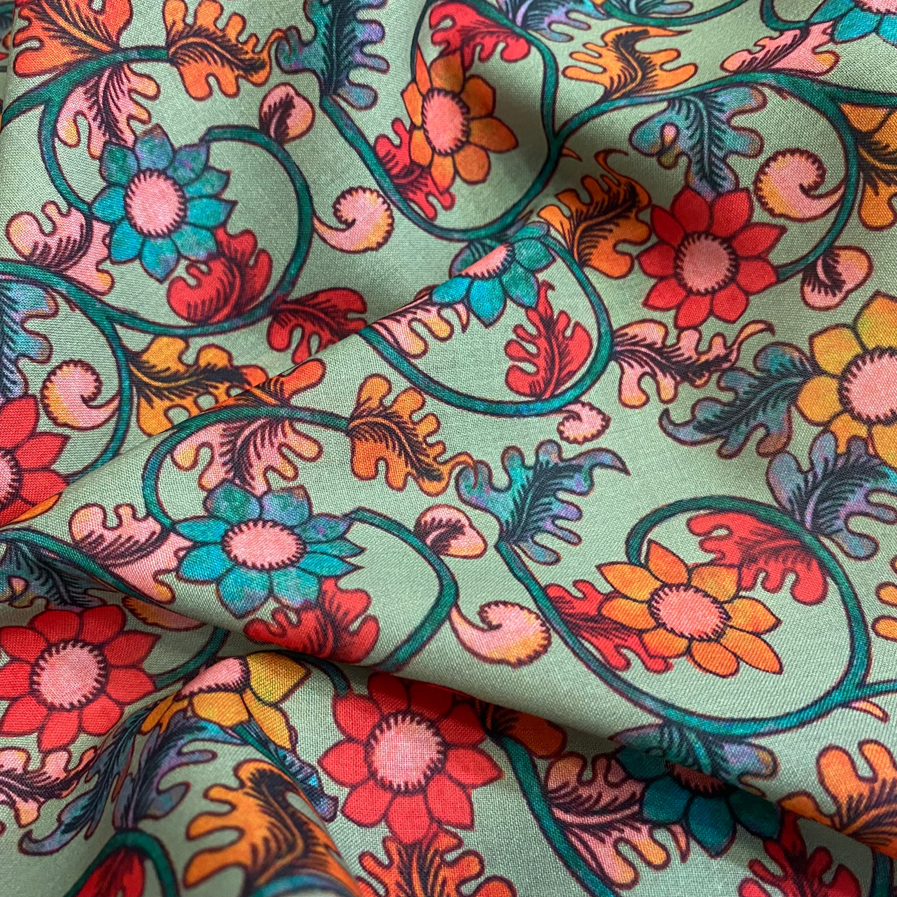 Best seller : Sage green kalamkari design on Soft Cotton fabric per meter