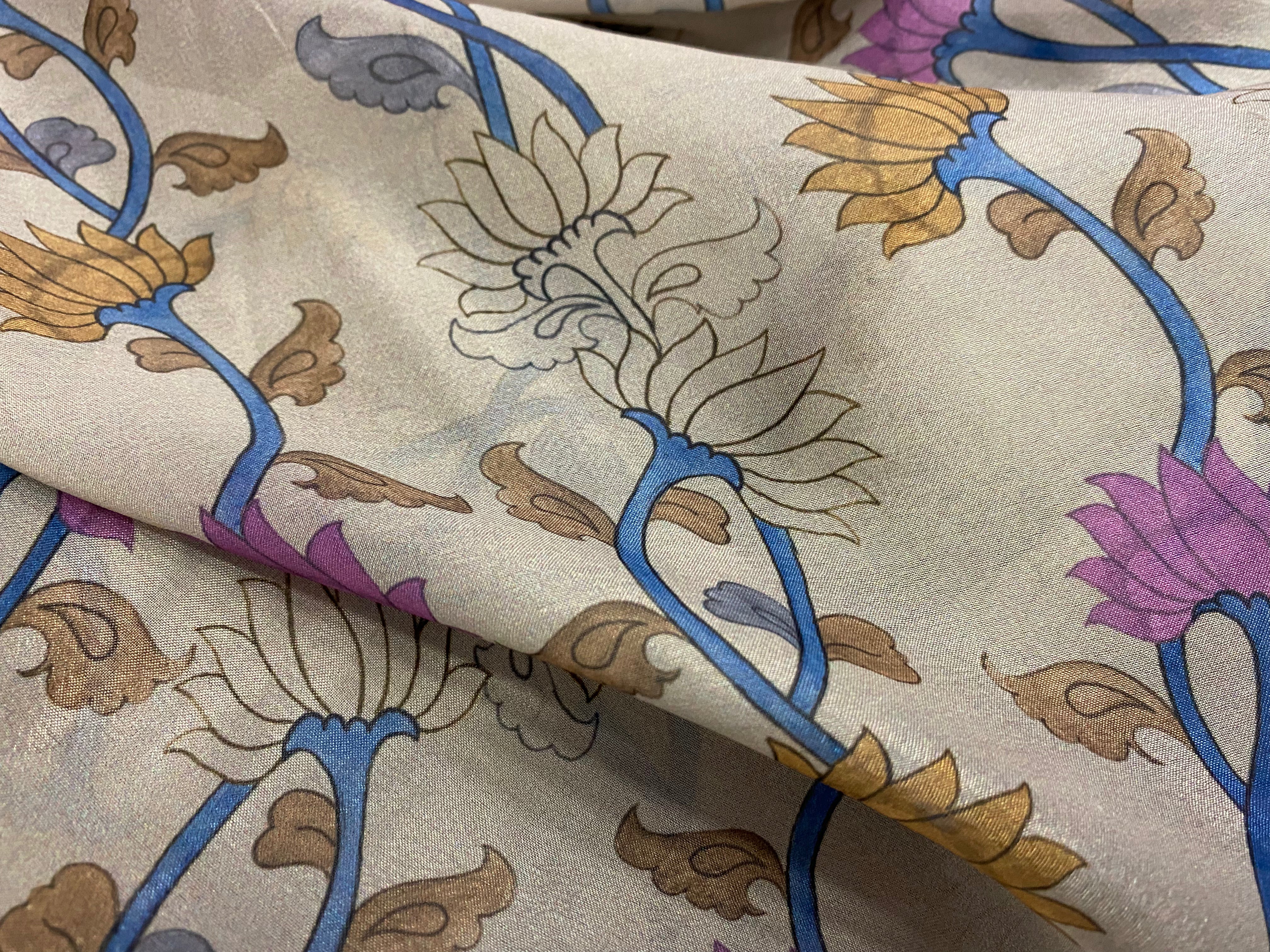 Clay Tabi Silk fabric with multicoloured kalamkari Design per meter