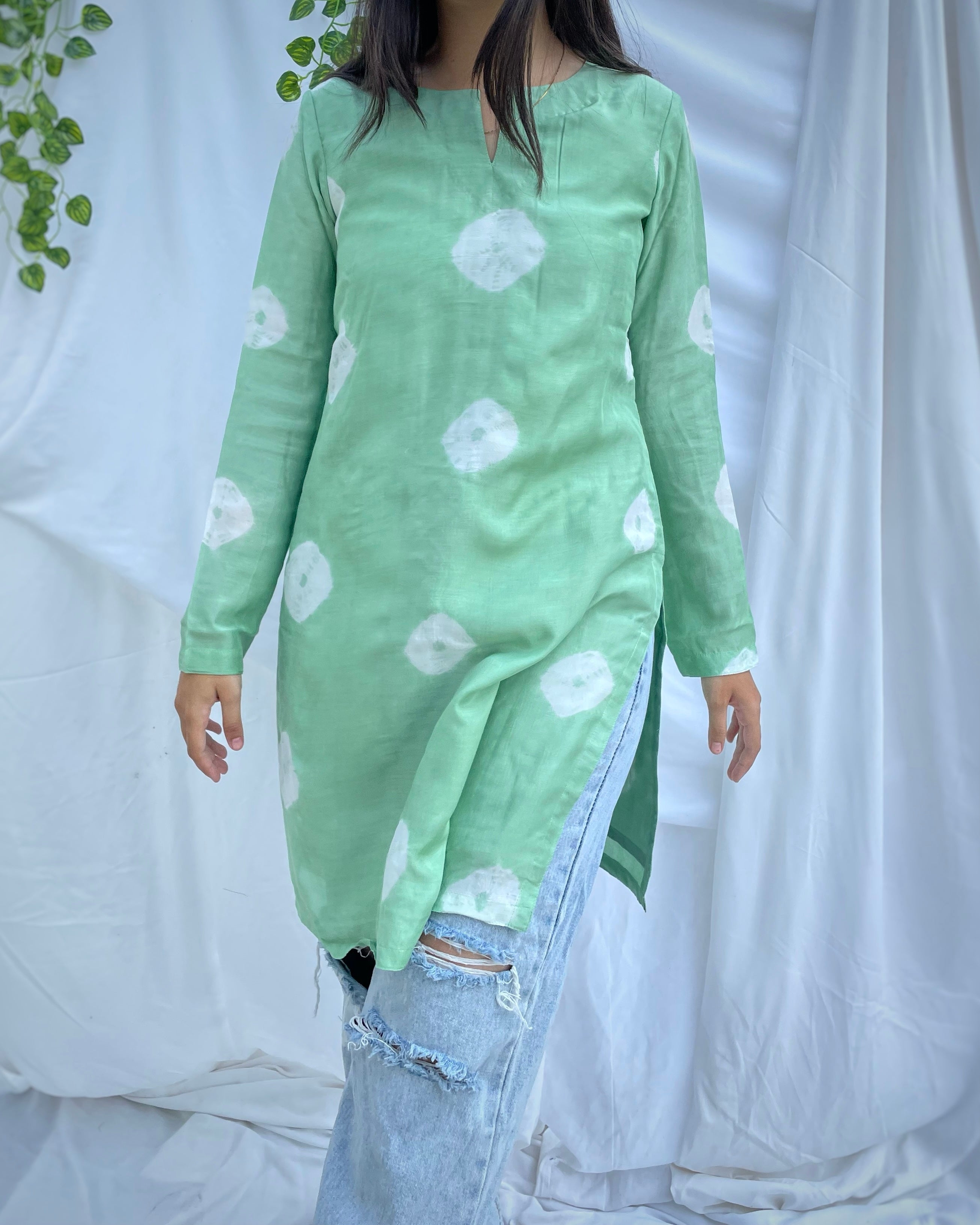 Best Seller Light Green Pure Muslin Bandhani Kurta | Tye & Dye | Indiefab