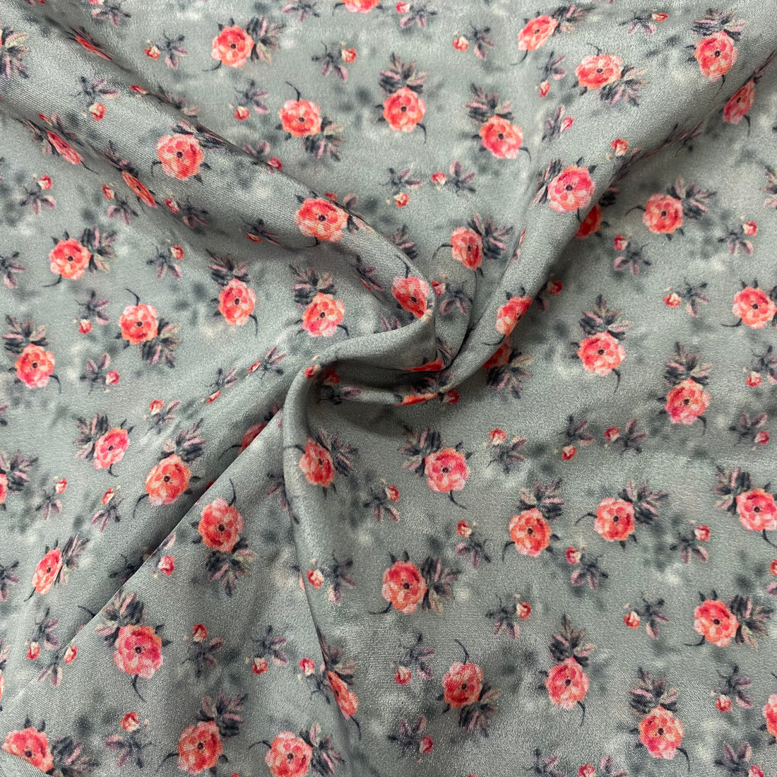 1 Meter - Small floral print on grey silk crepe fabric