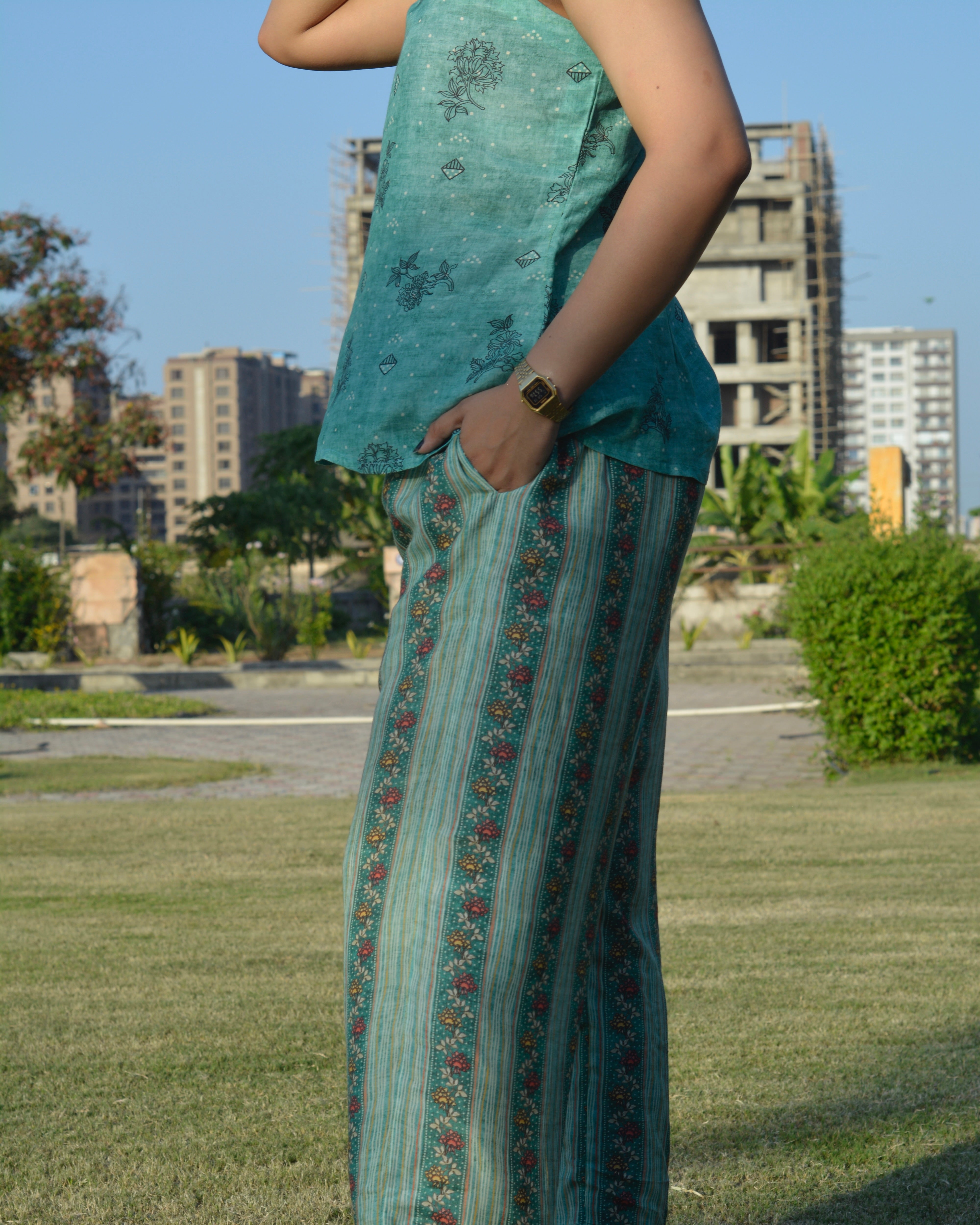 Breezy pure muslin contrast cord set in Green - Set of 2 - indiefabstore