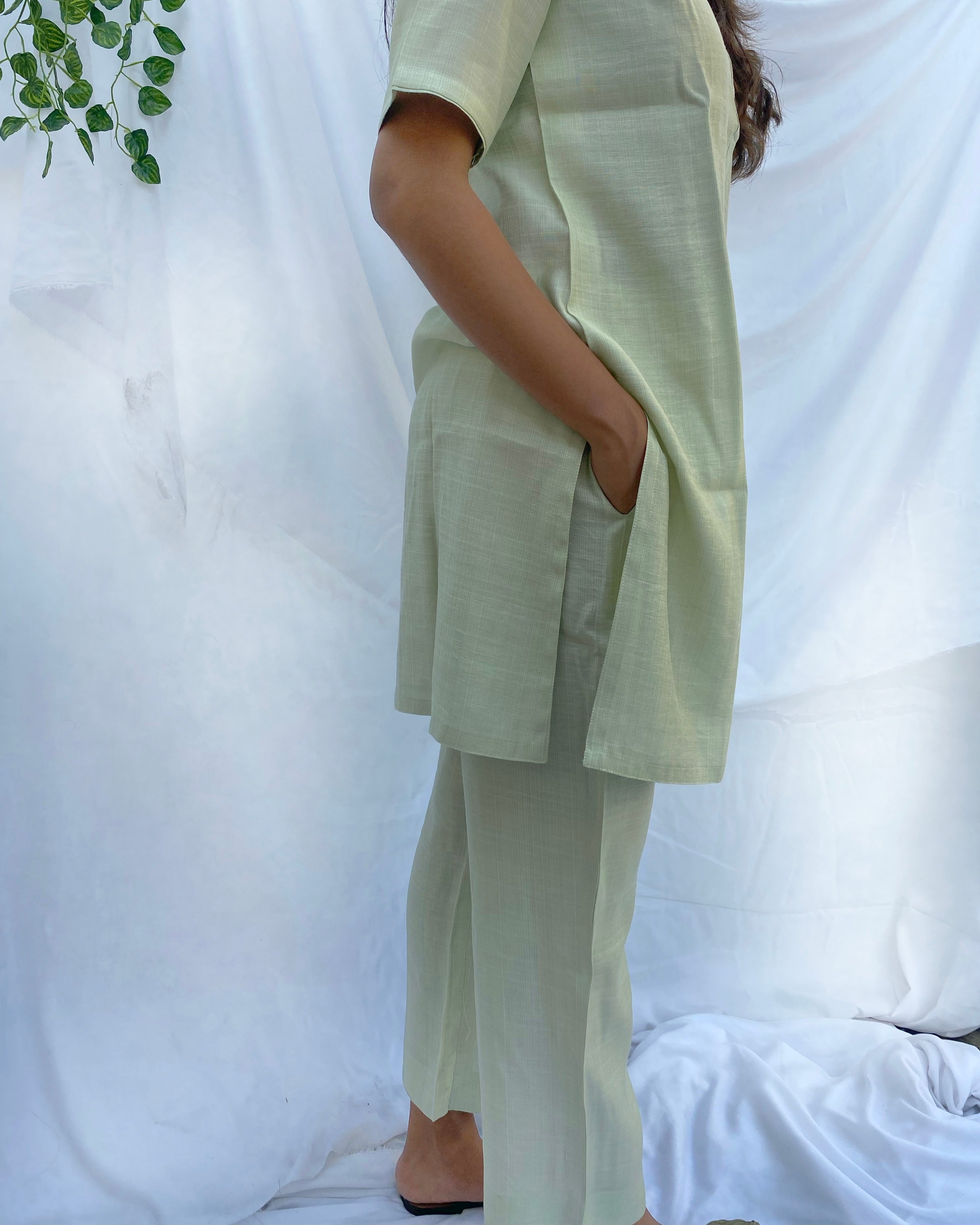 Chic Light Pista Green Co-ord Set in Satin Finish Cotton with Elbow Sleeves and Round Neck Top, Paired with Comfortable Pants