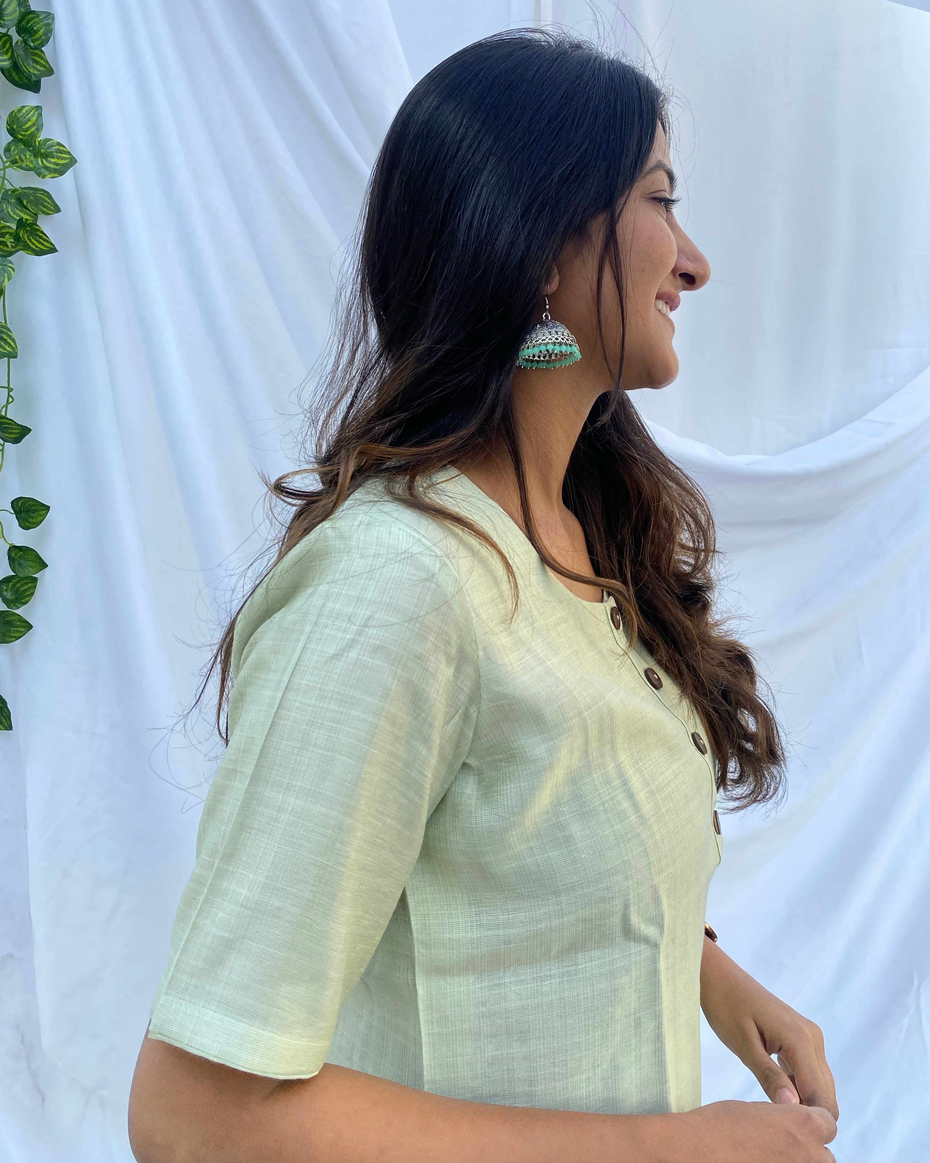 Chic Light Pista Green Co-ord Set in Satin Finish Cotton with Elbow Sleeves and Round Neck Top, Paired with Comfortable Pants