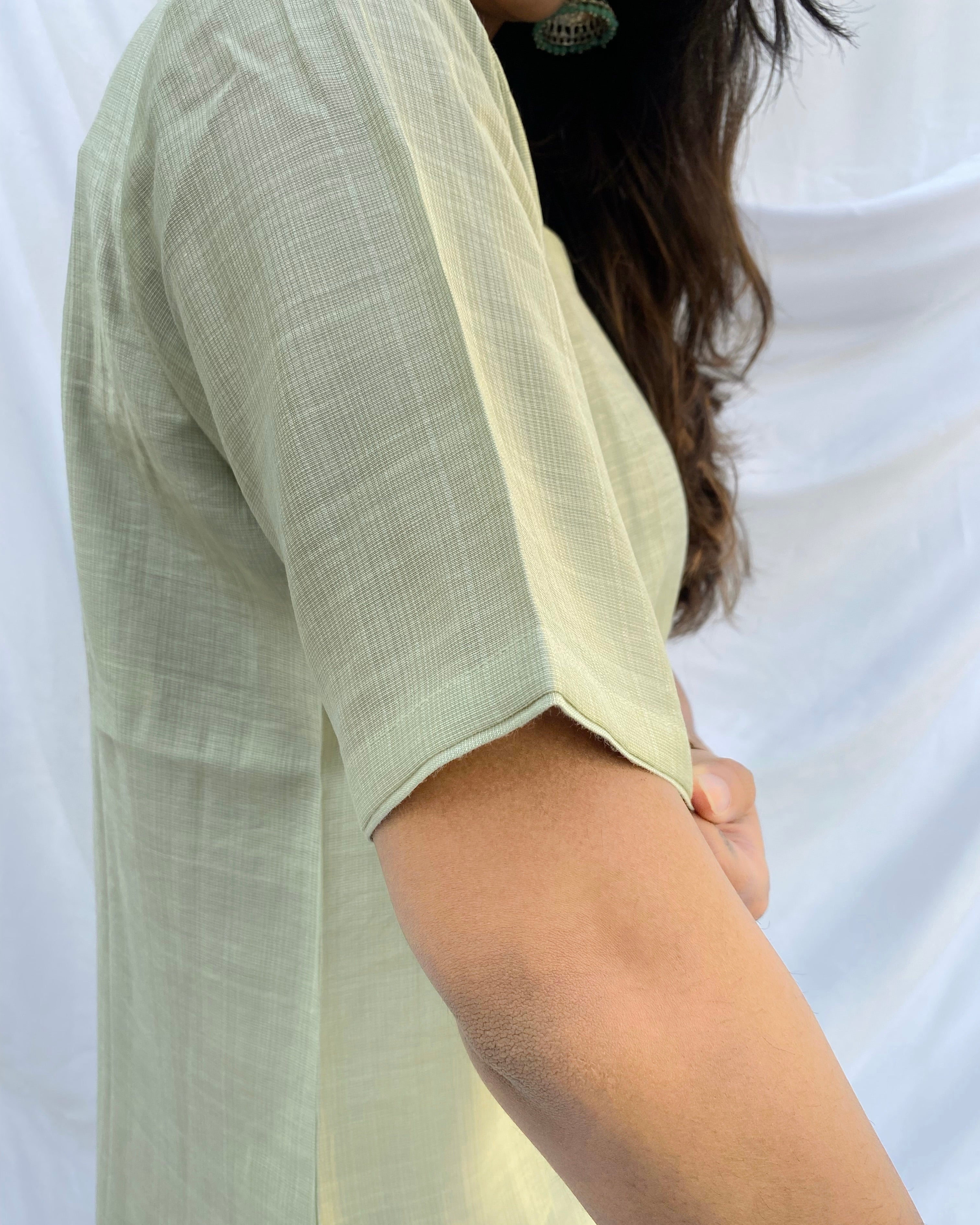 Chic Light Pista Green Co-ord Set in Satin Finish Cotton with Elbow Sleeves and Round Neck Top, Paired with Comfortable Pants