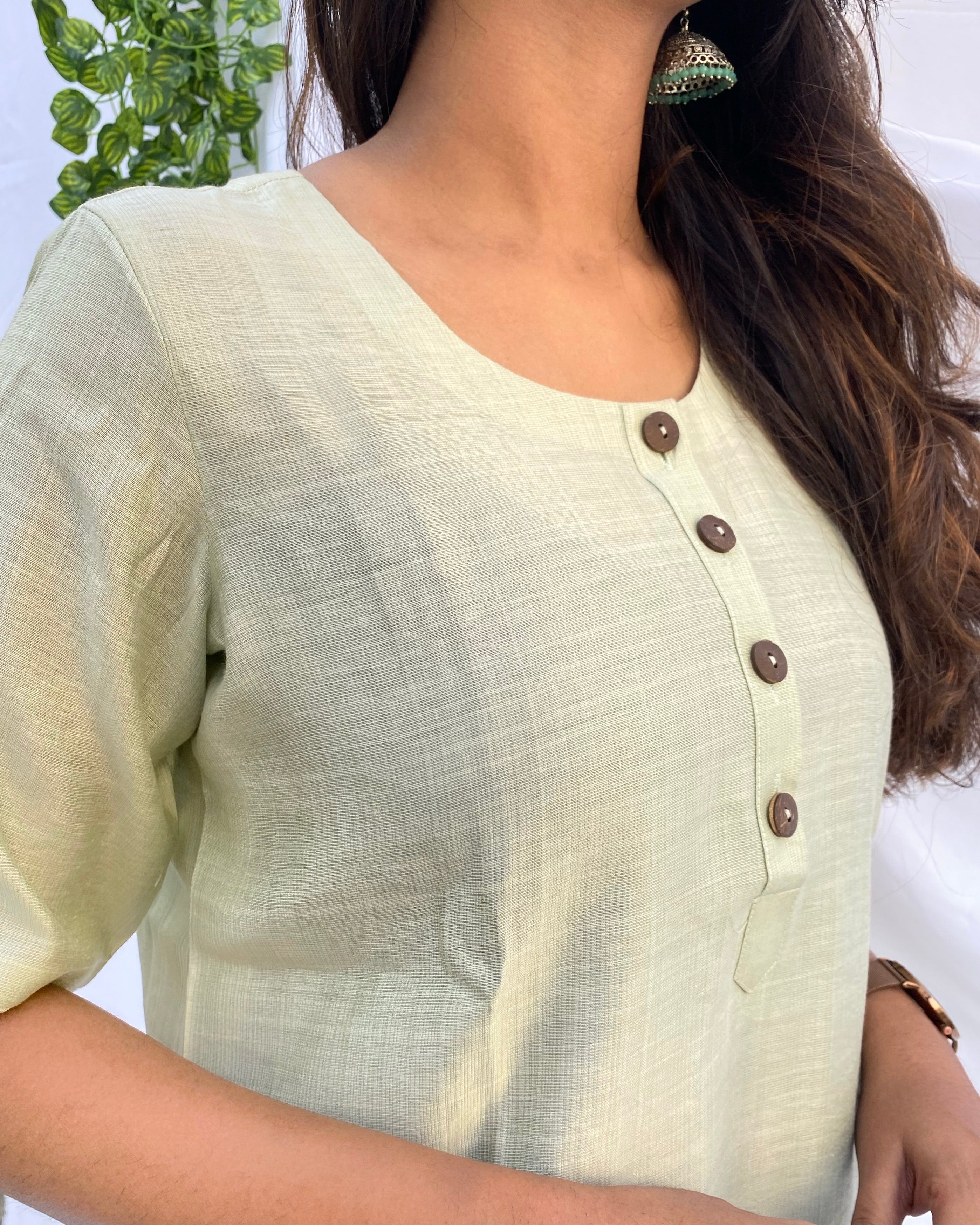 Chic Light Pista Green Co-ord Set in Satin Finish Cotton with Elbow Sleeves and Round Neck Top, Paired with Comfortable Pants