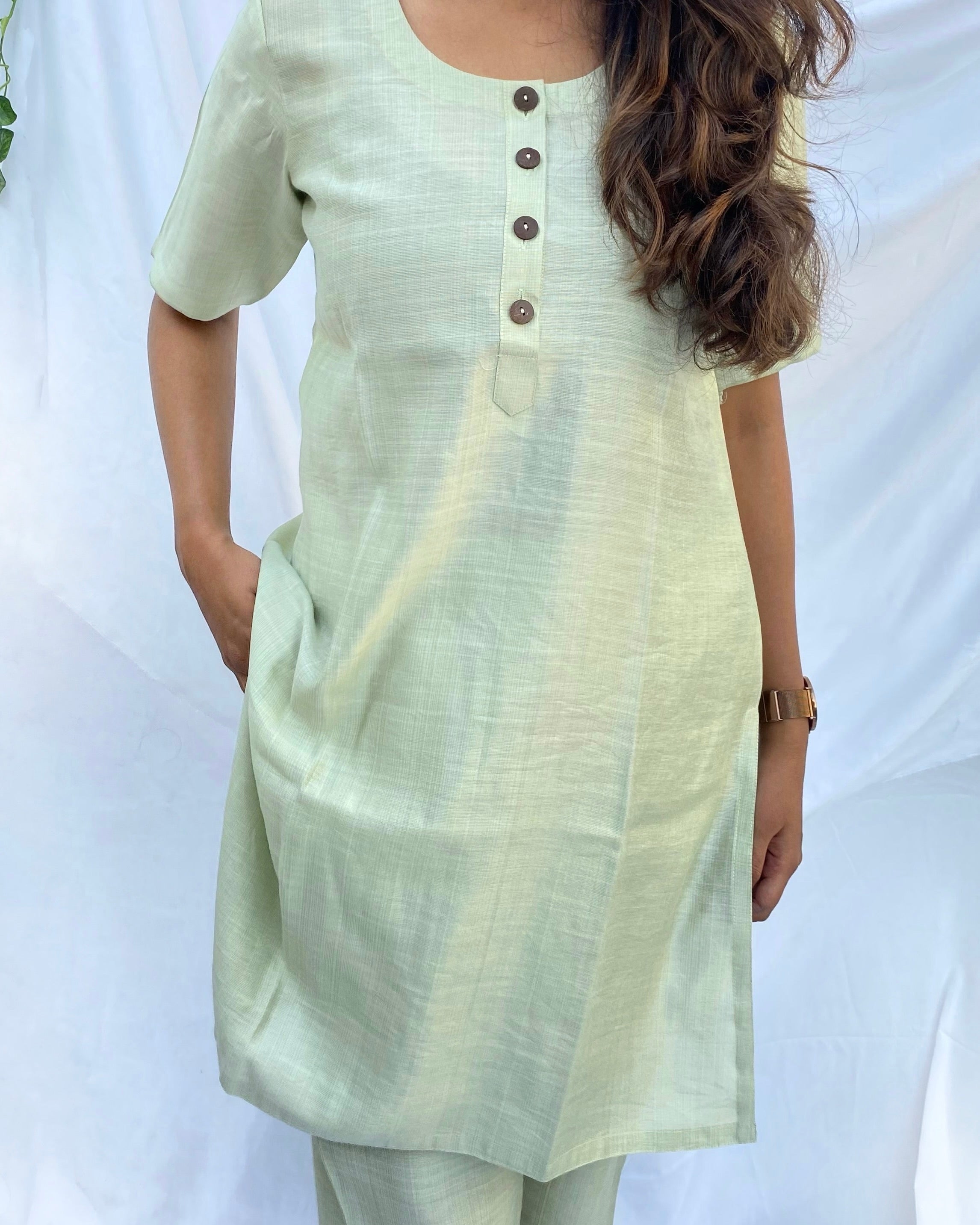 Chic Light Pista Green Co-ord Set in Satin Finish Cotton with Elbow Sleeves and Round Neck Top, Paired with Comfortable Pants