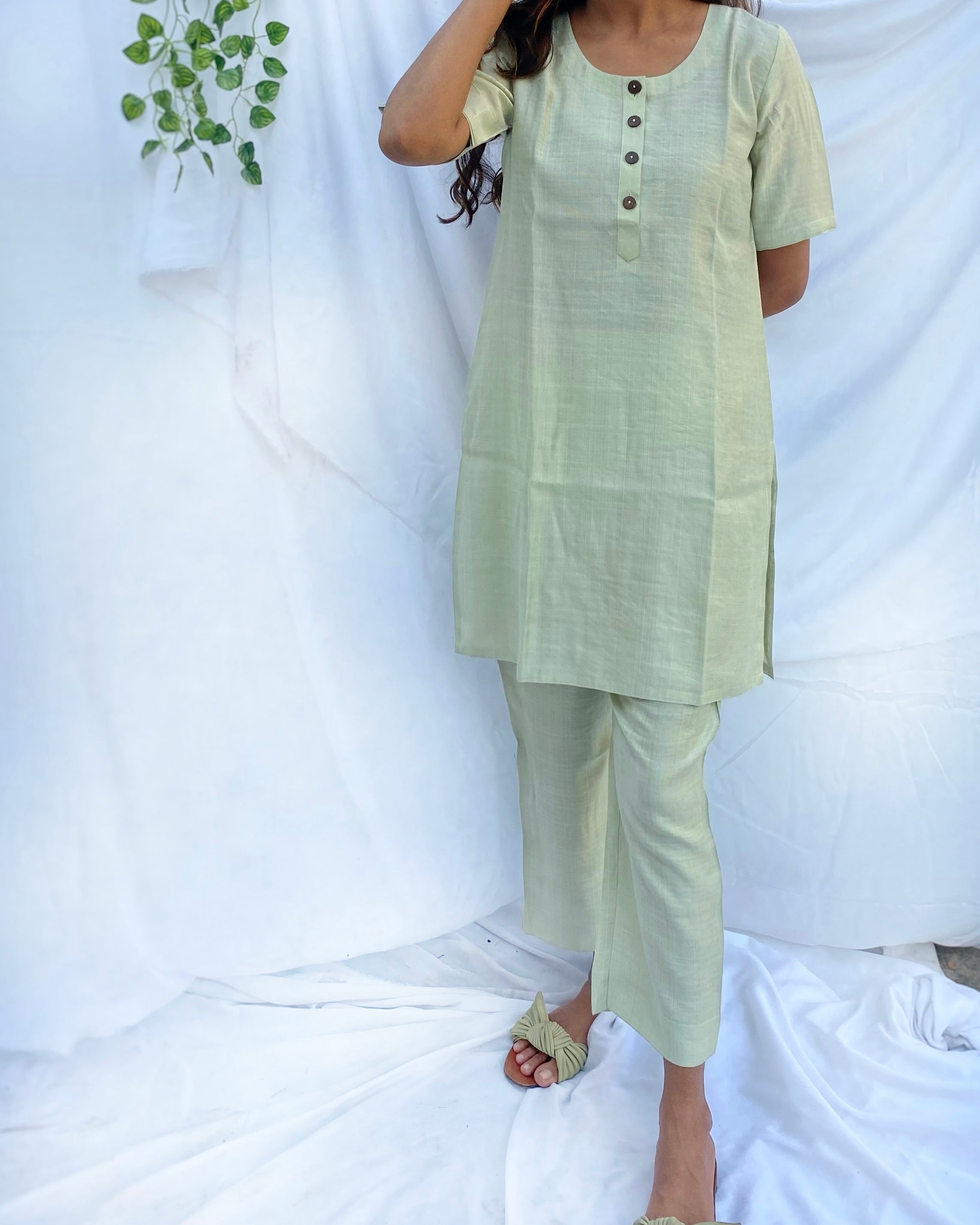 Chic Light Pista Green Co-ord Set in Satin Finish Cotton with Elbow Sleeves and Round Neck Top, Paired with Comfortable Pants