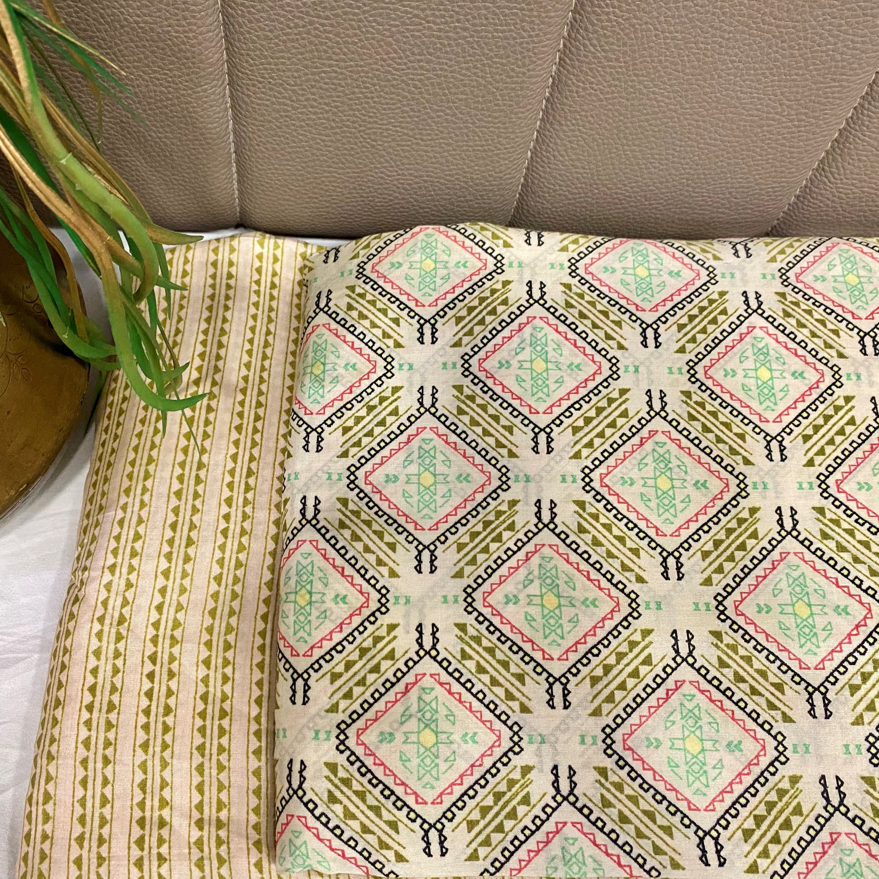 Comfortable and trendy geometric print on Pure muslin fabric - Light olive green bottom per meter price - indiefabstore
