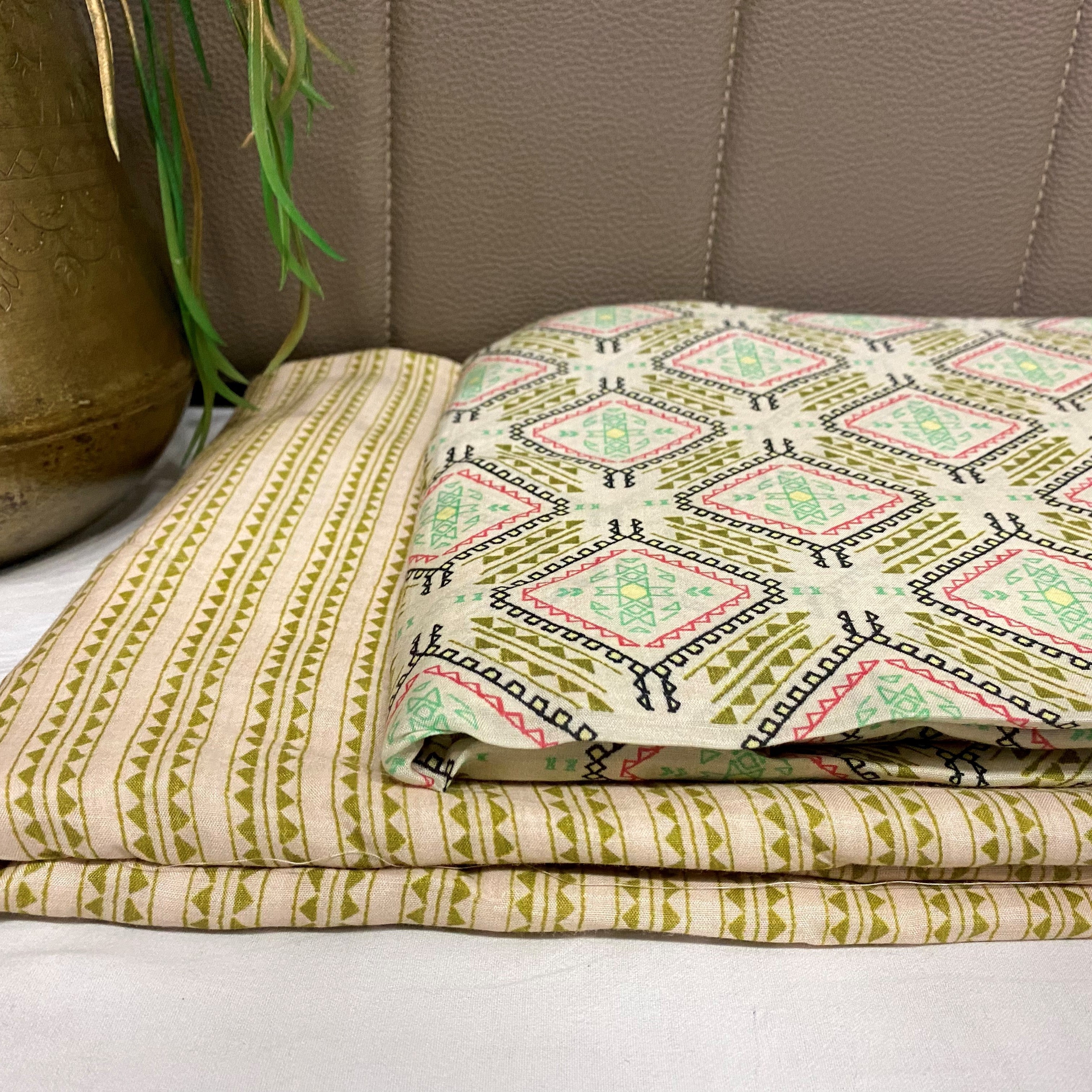 Comfortable and trendy geometric print on Pure muslin fabric - Light olive green bottom per meter price - indiefabstore