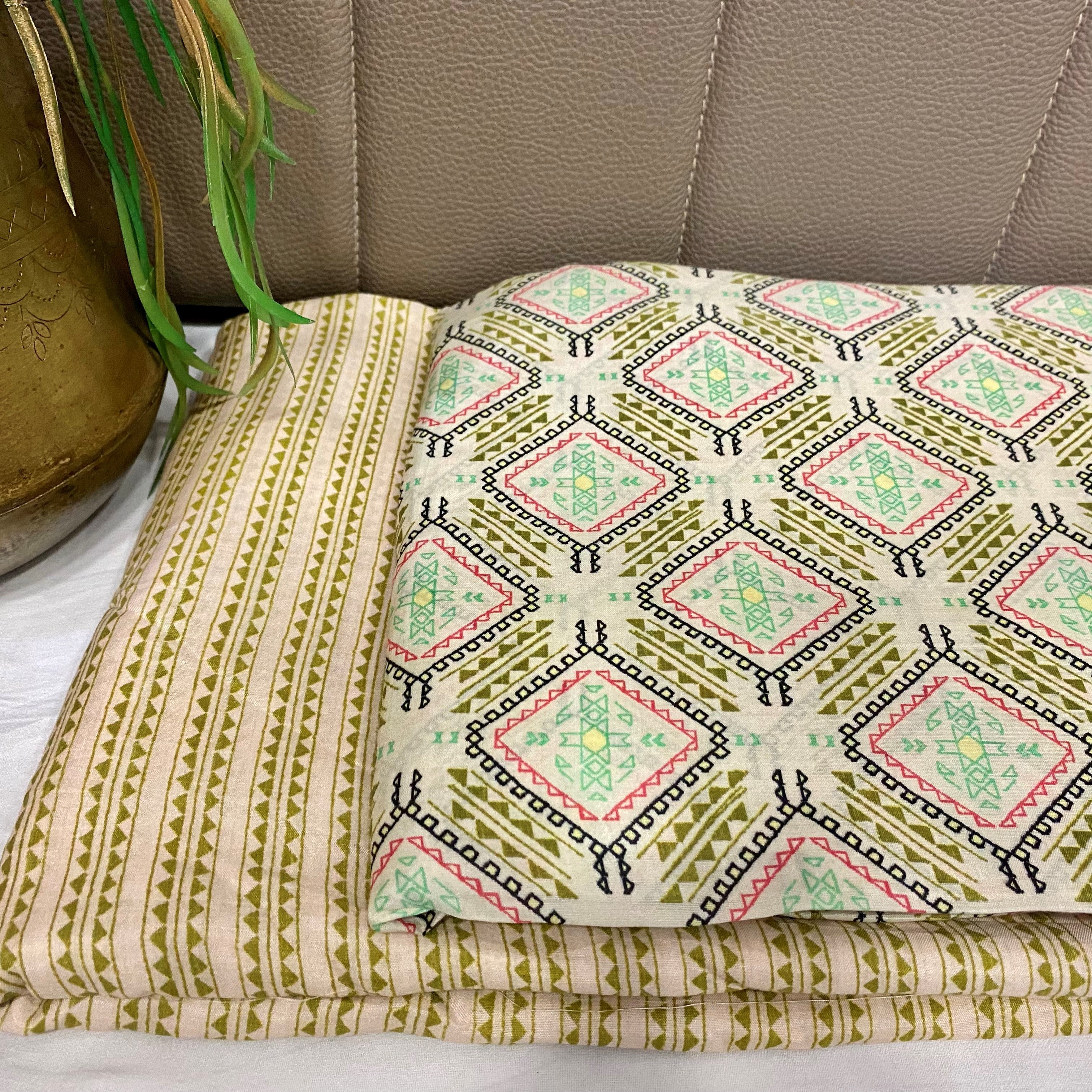 Comfortable and trendy geometric print on Pure muslin fabric - Light olive green bottom per meter price - indiefabstore