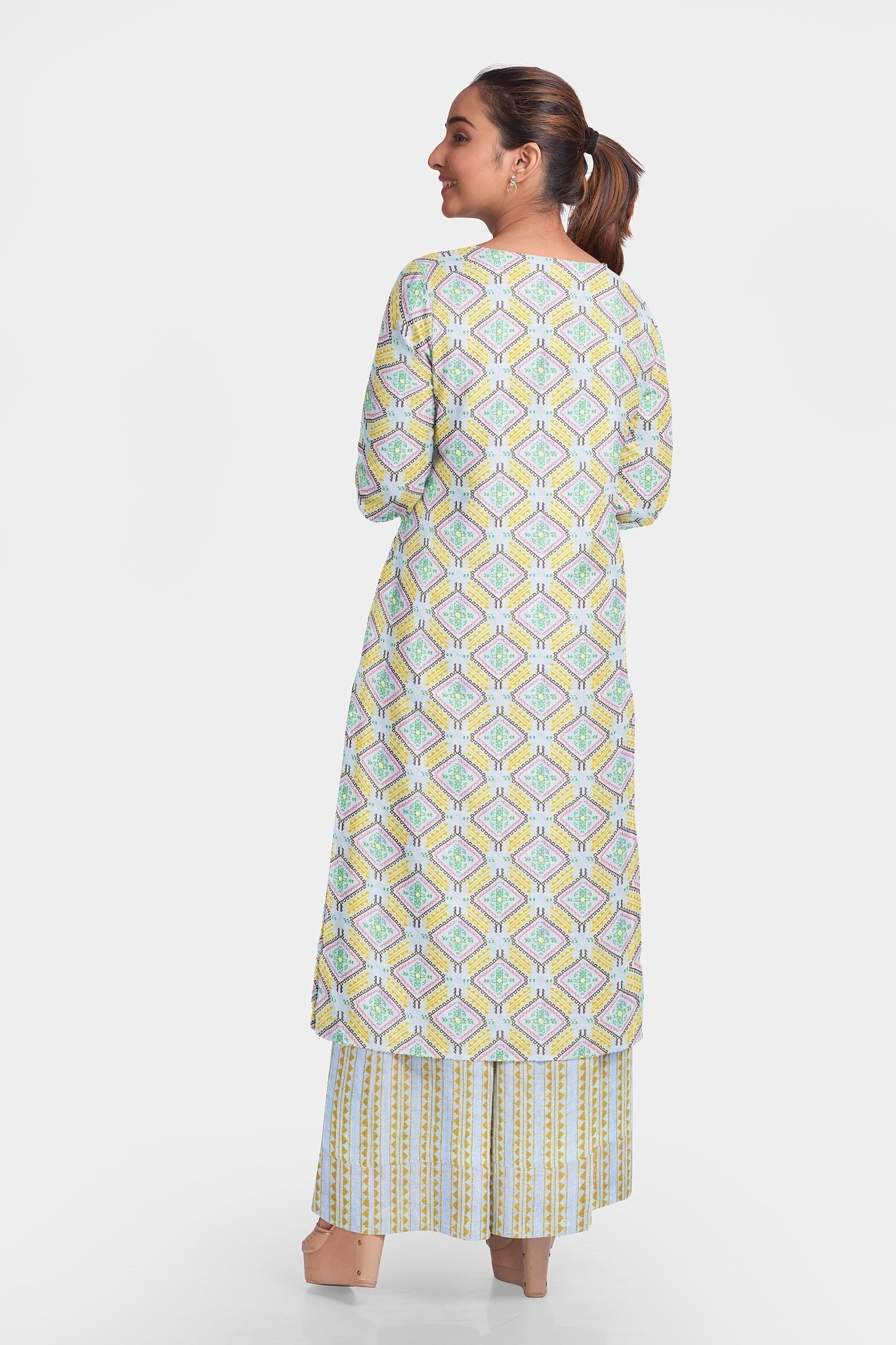 Comfortable and trendy geometric print on Pure muslin fabric - Sky Blue & Yellow, per meter price - indiefabstore