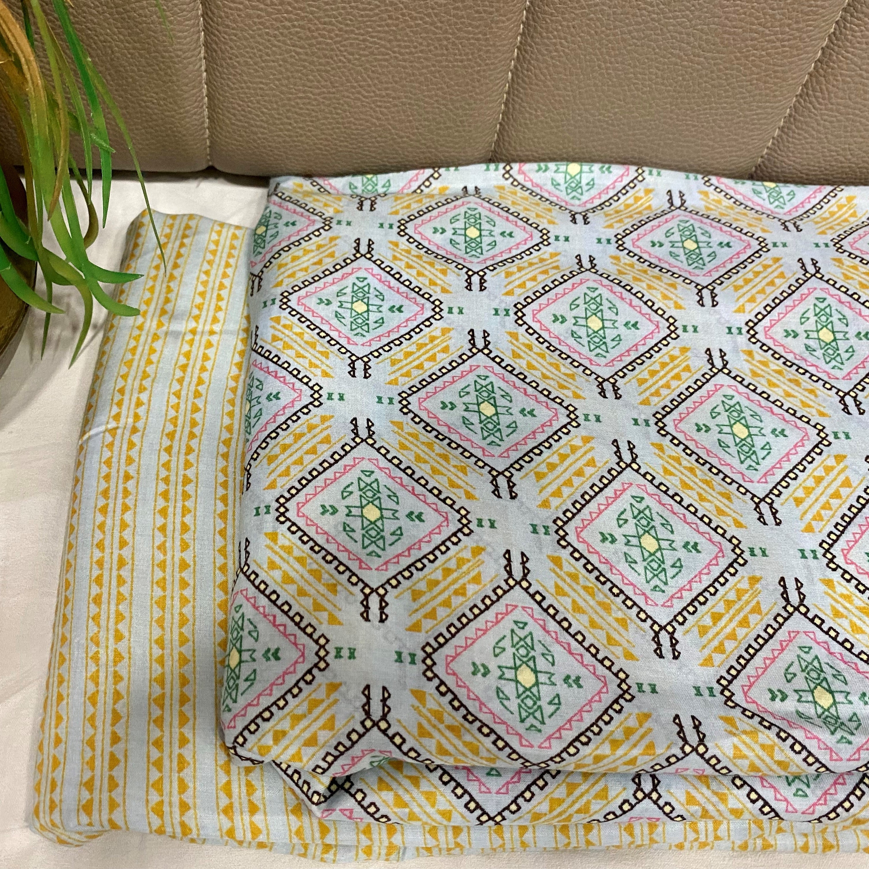 Comfortable and trendy geometric print on Pure muslin fabric - Sky Blue & Yellow, per meter price - indiefabstore