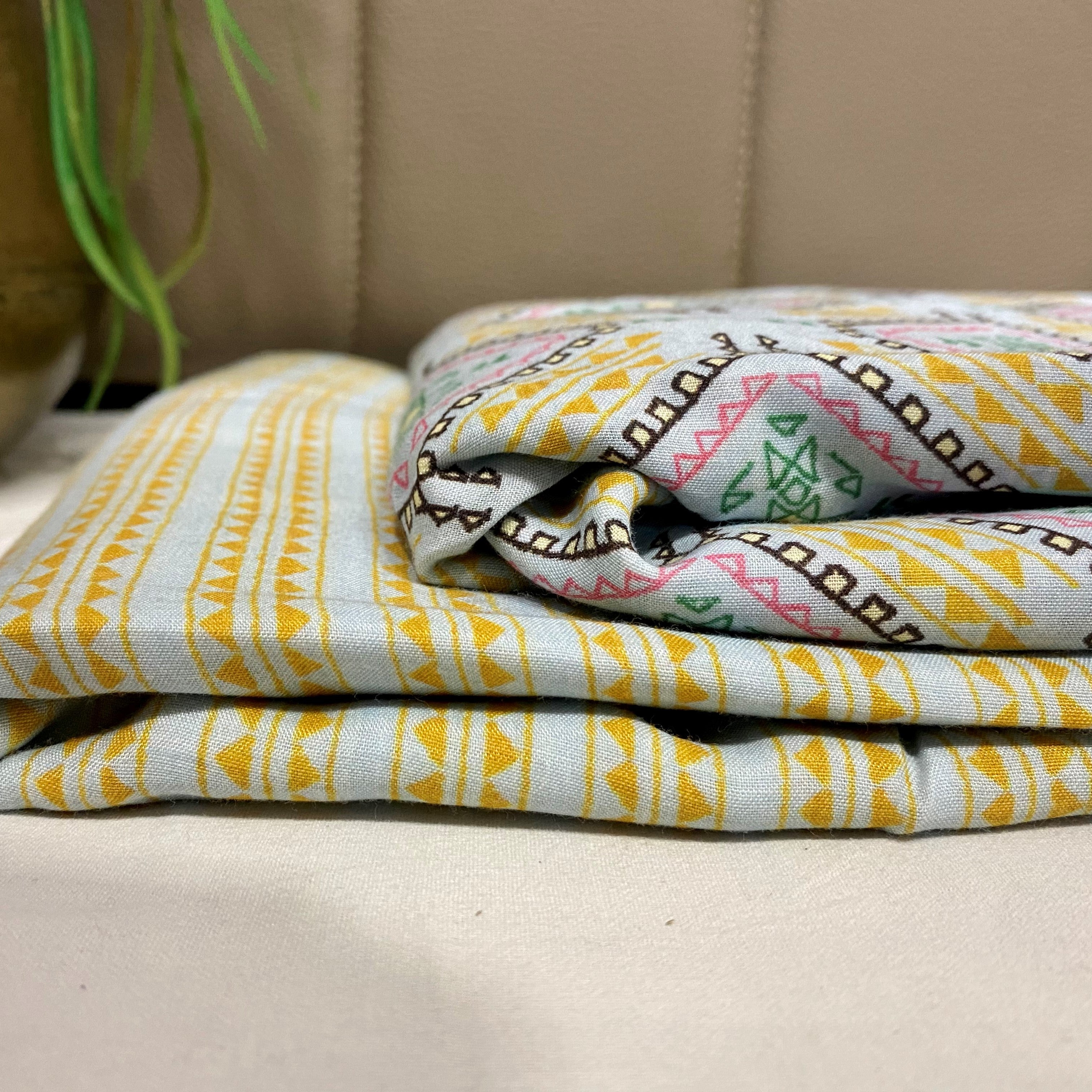 Comfortable and trendy geometric print on Pure muslin fabric - Sky Blue & Yellow, per meter price - indiefabstore