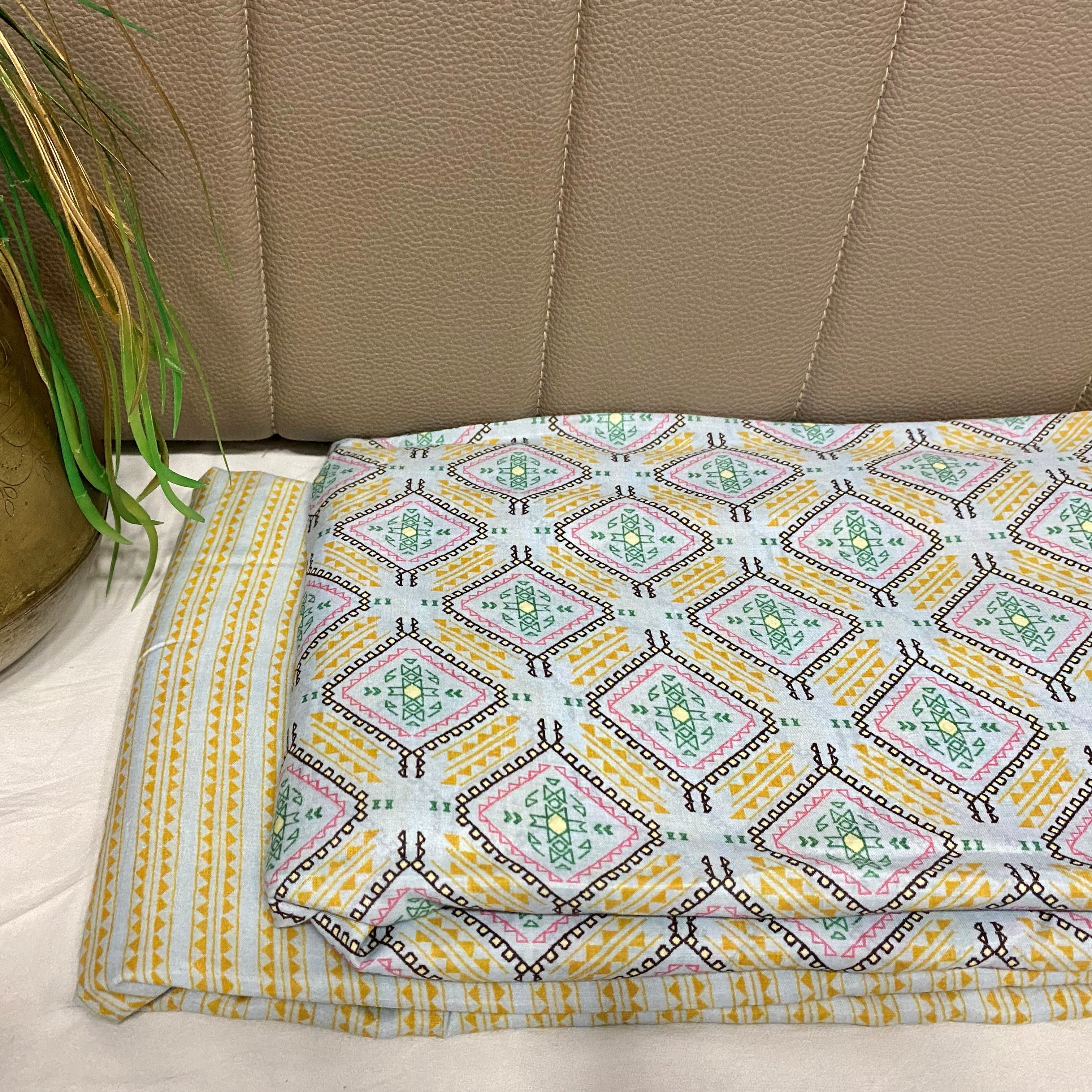 Comfortable and trendy geometric print on Pure muslin fabric - Sky Blue & Yellow, per meter price - indiefabstore