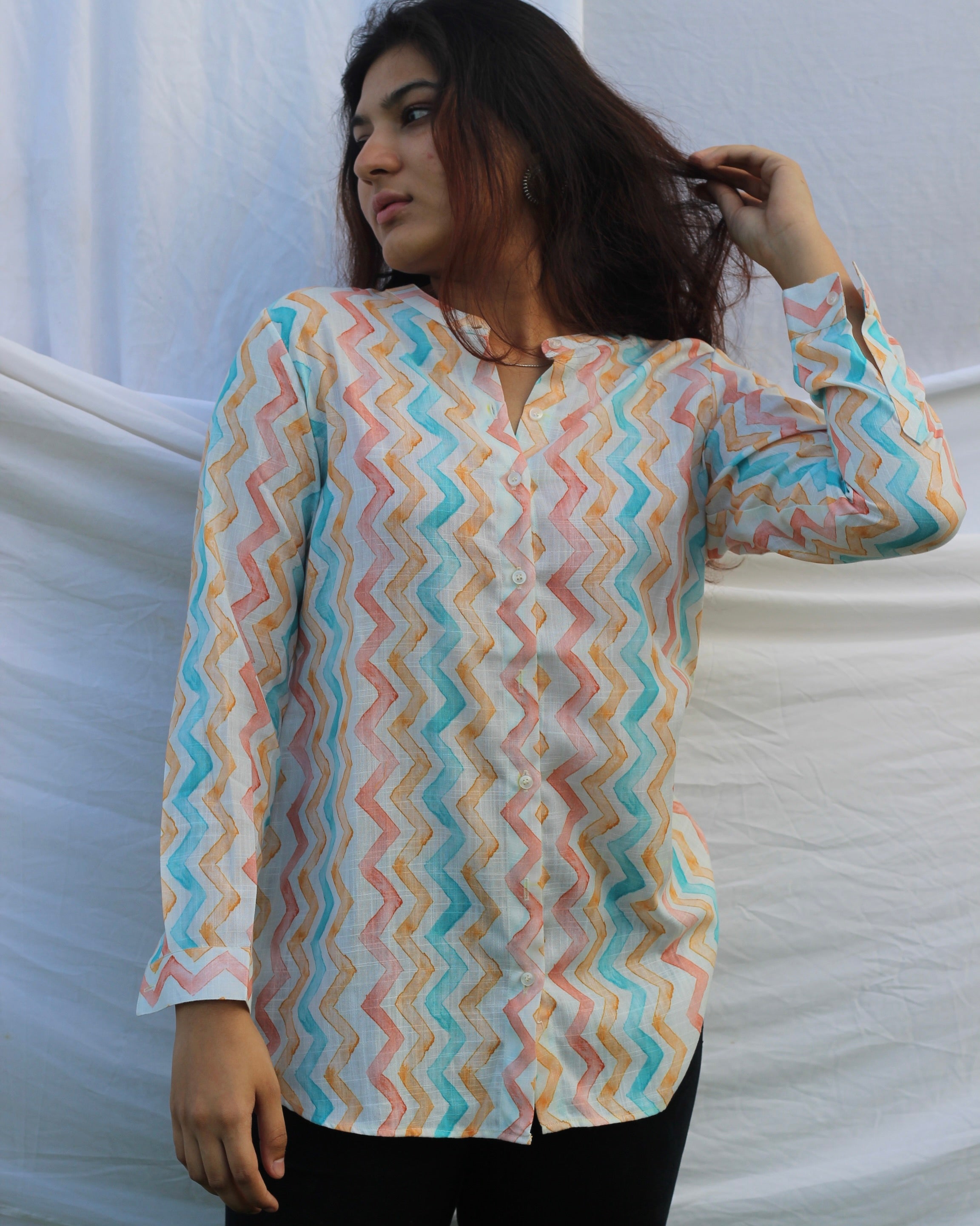 Cotton linen multi-shade zig zag tunic - indiefabstore