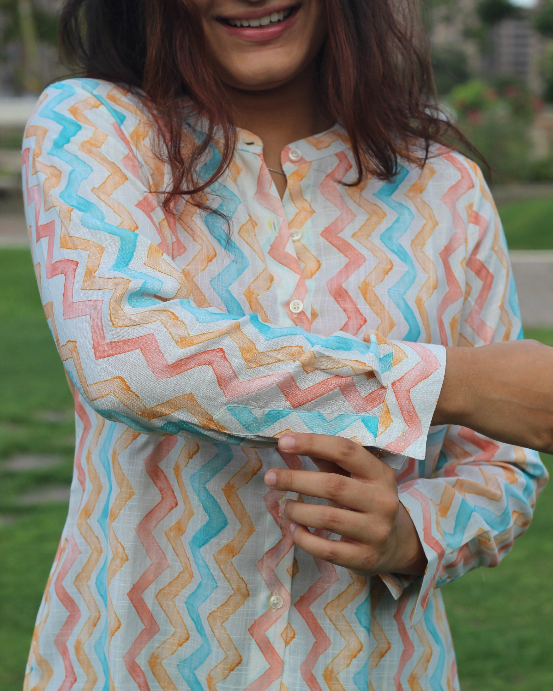 Cotton linen multi-shade zig zag tunic - indiefabstore