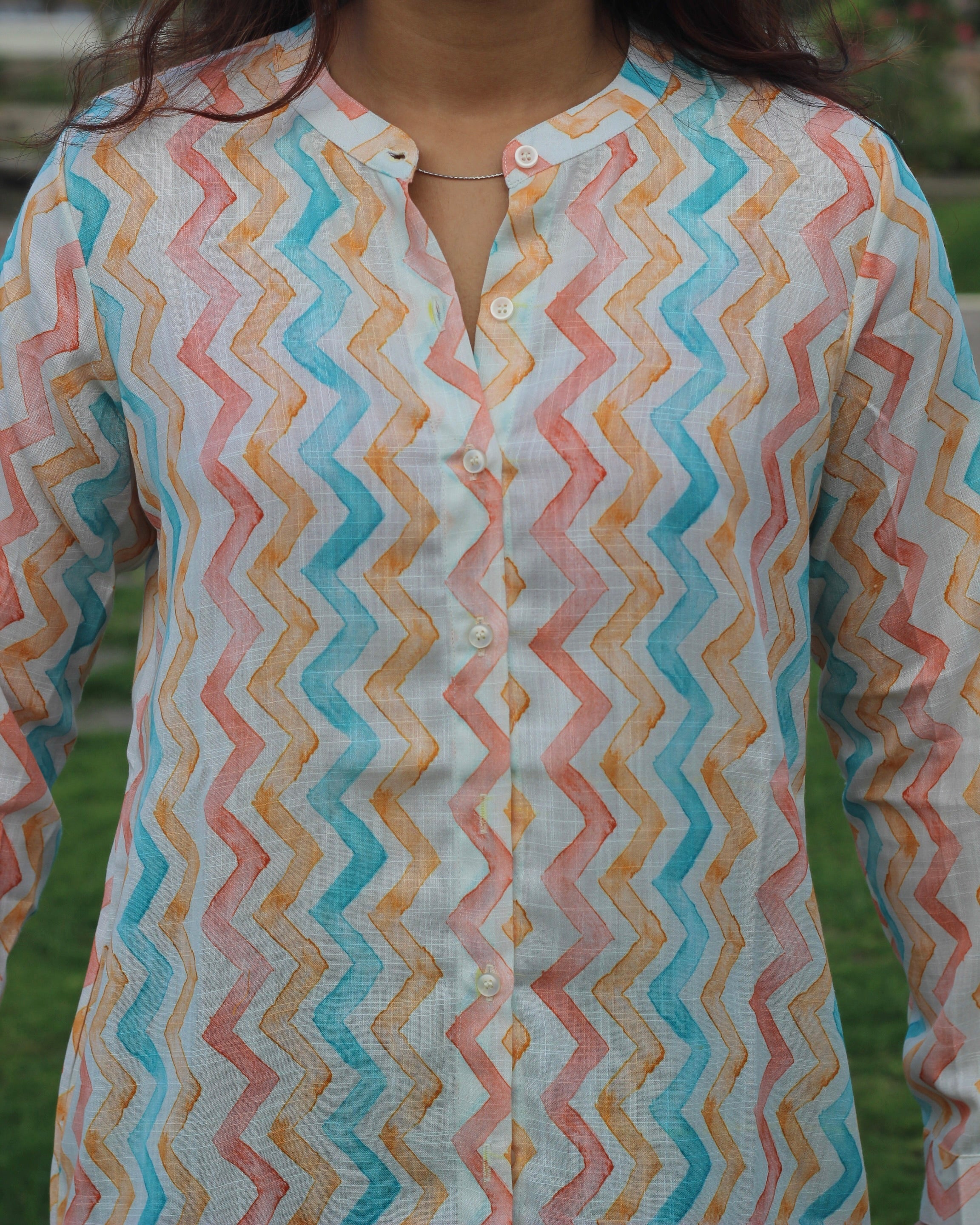 Cotton linen multi-shade zig zag tunic - indiefabstore