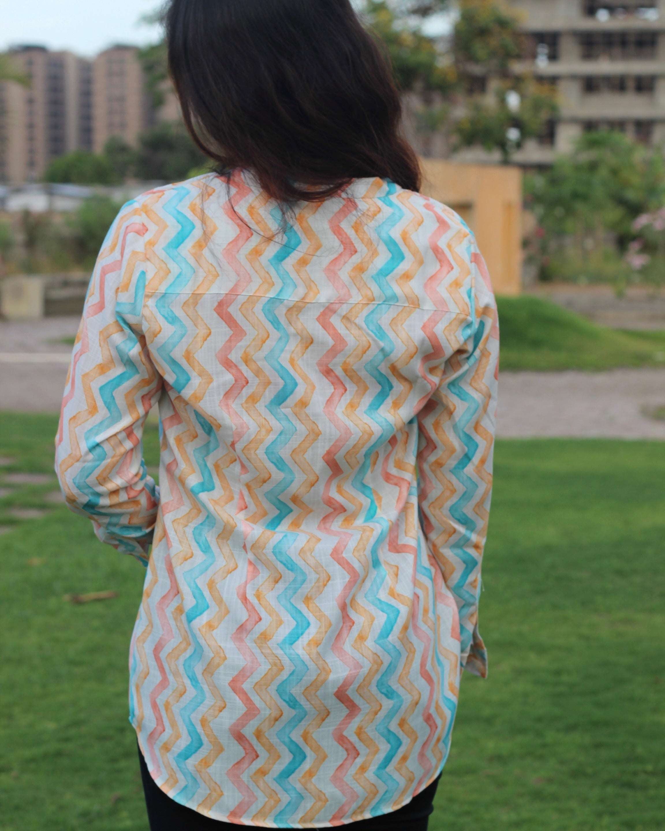 Cotton linen multi-shade zig zag tunic - indiefabstore