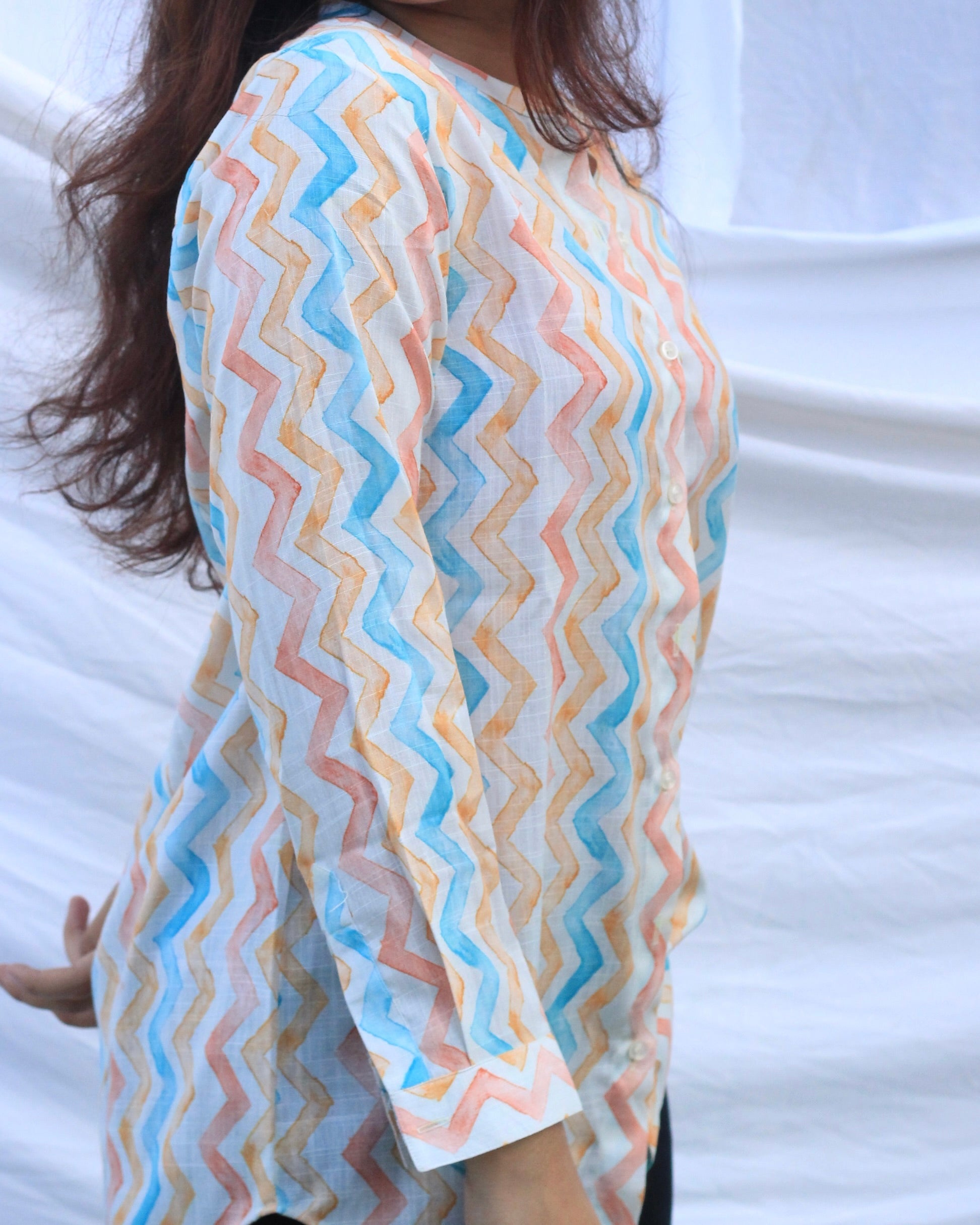 Cotton linen multi-shade zig zag tunic - indiefabstore