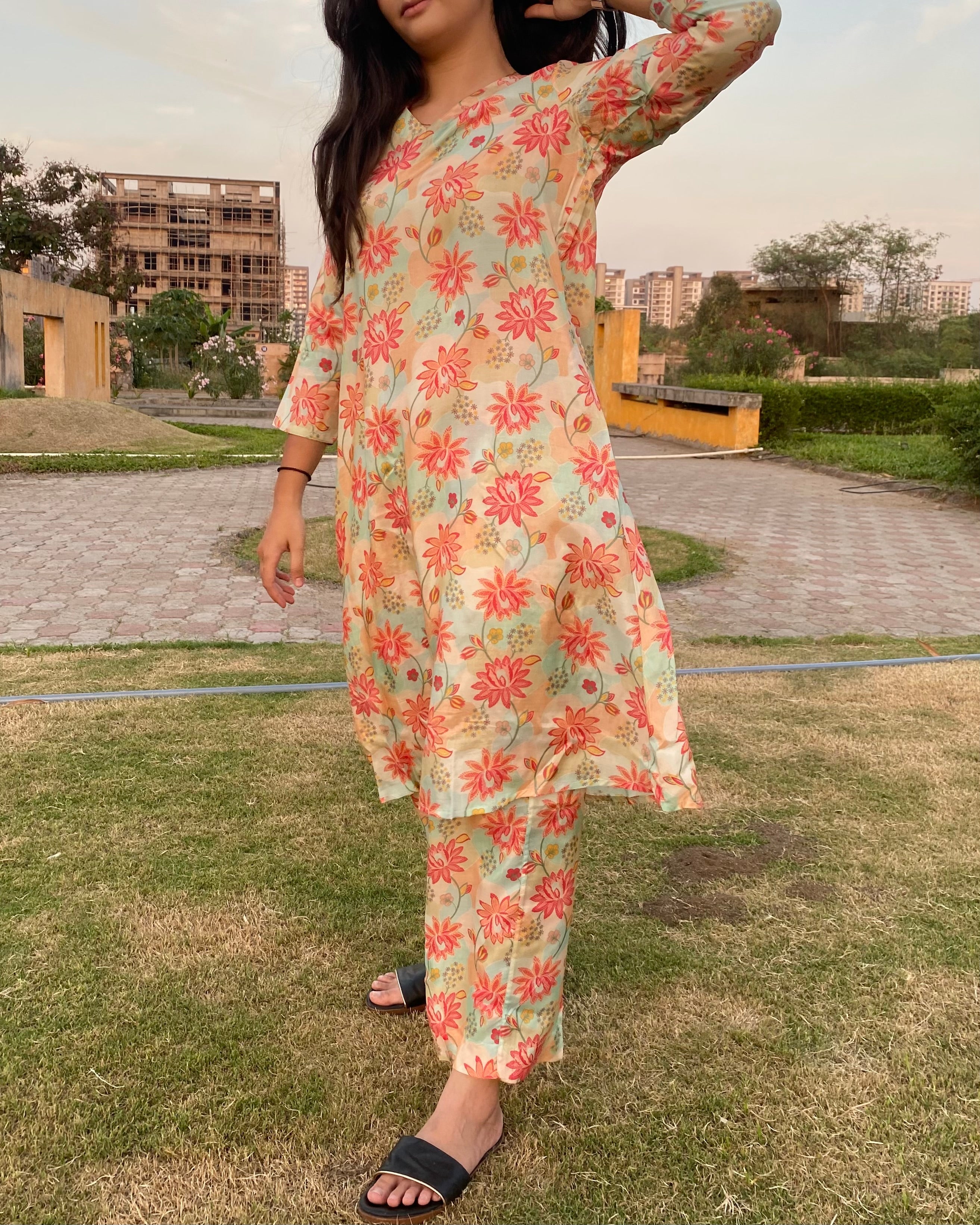 Delicate florals pure muslin fabric co-ord set for summer - indiefabstore