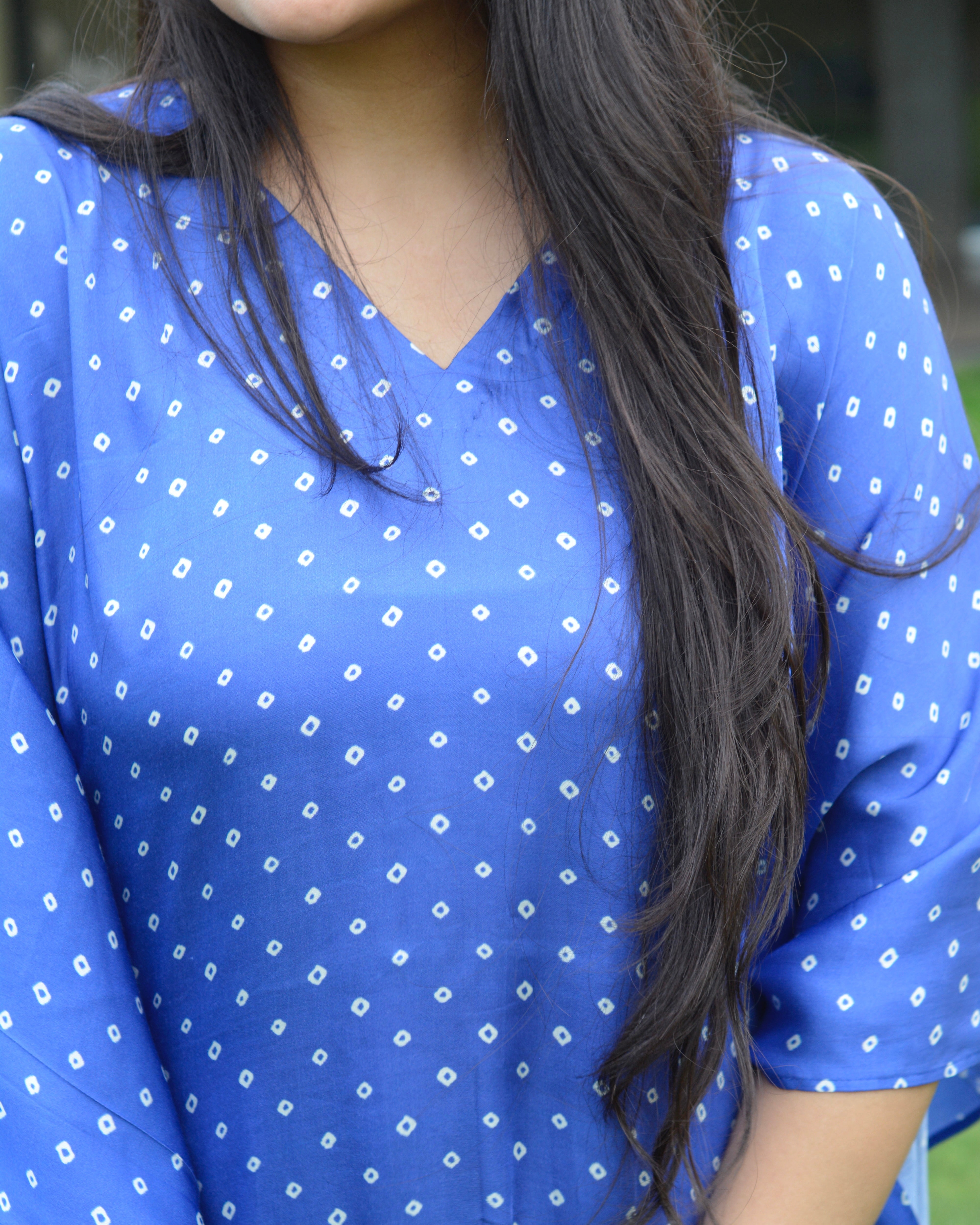 Elegant bandhani print on royal blue modal satin Kaftan - indiefabstore