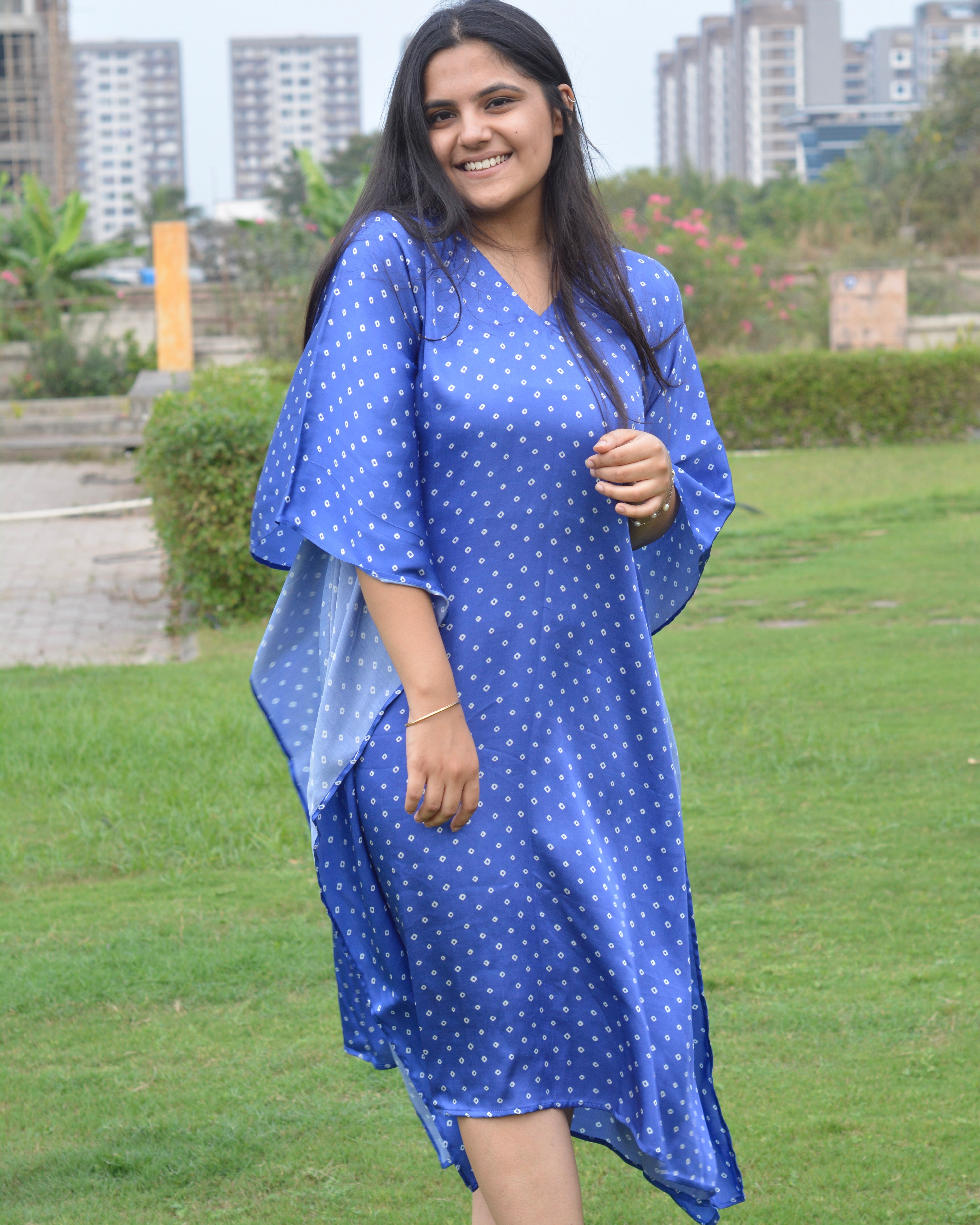 Elegant bandhani print on royal blue modal satin Kaftan - indiefabstore