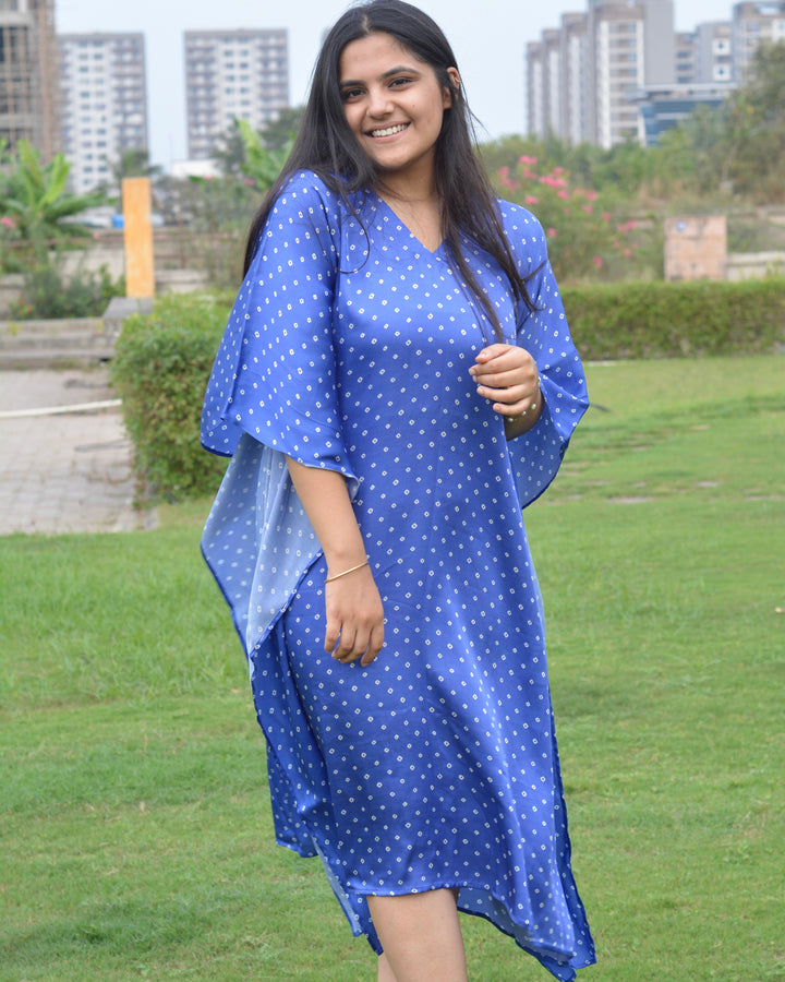 Elegant bandhani print on royal blue modal satin Kaftan - indiefabstore