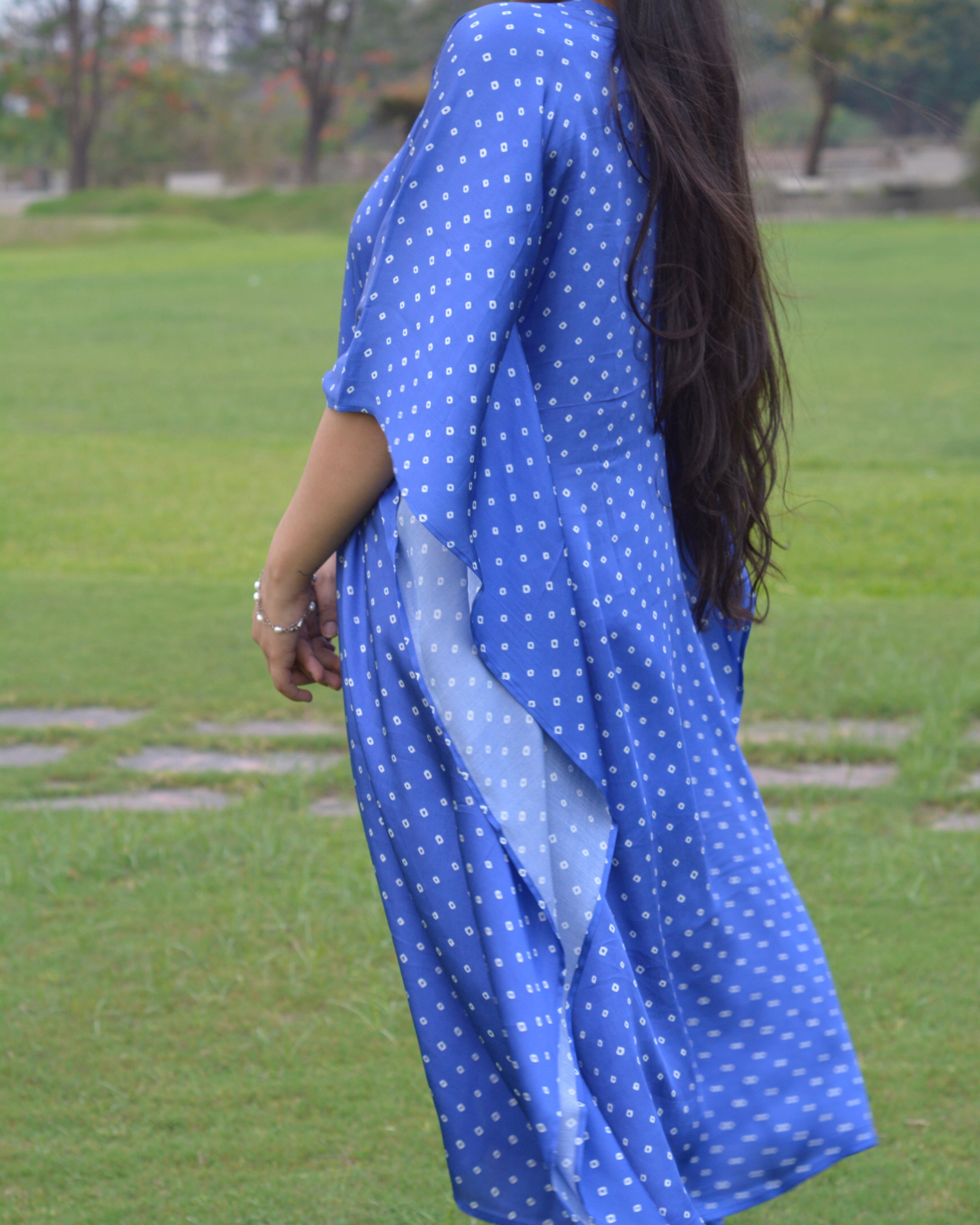 Elegant bandhani print on royal blue modal satin Kaftan - indiefabstore