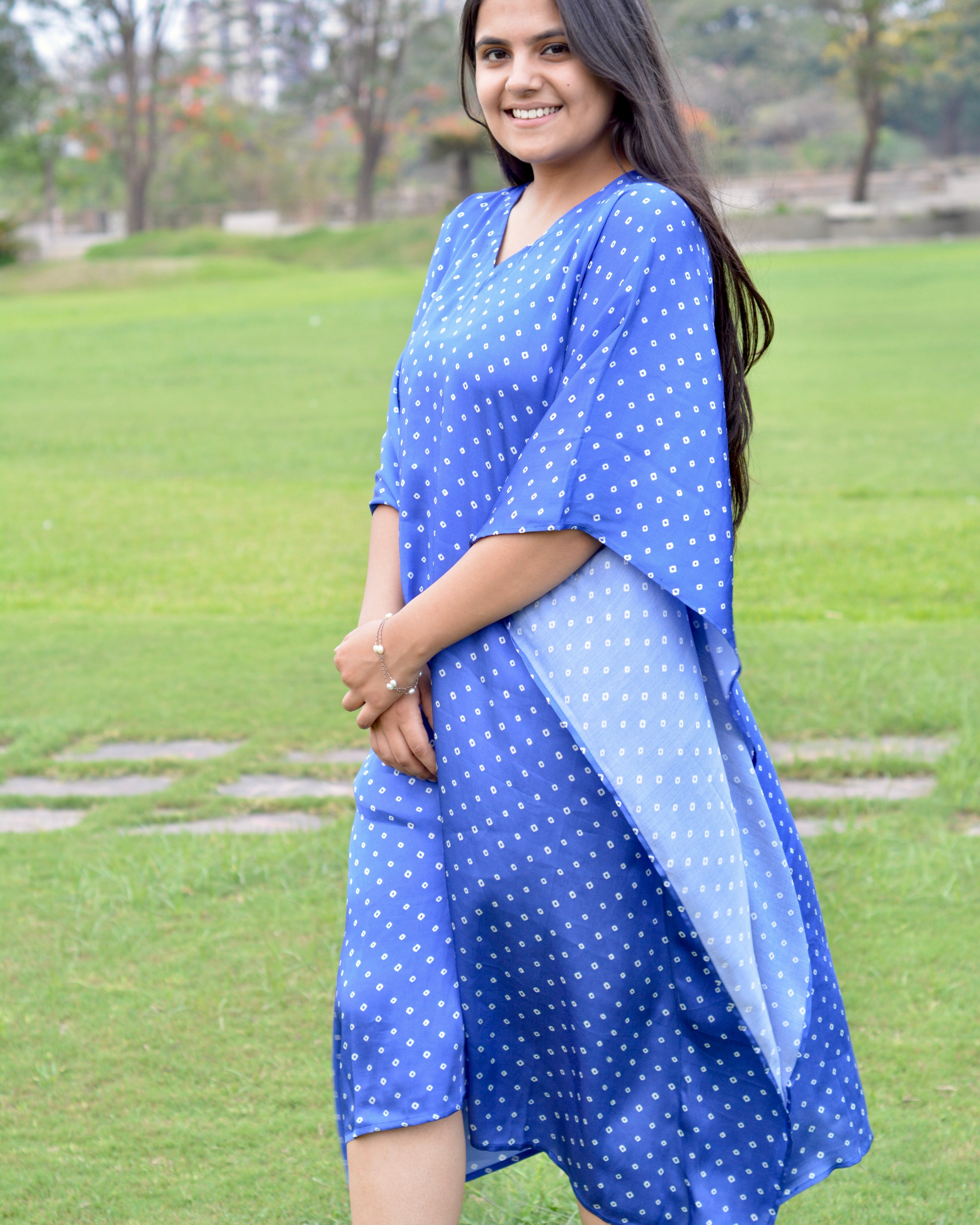 Elegant bandhani print on royal blue modal satin Kaftan - indiefabstore