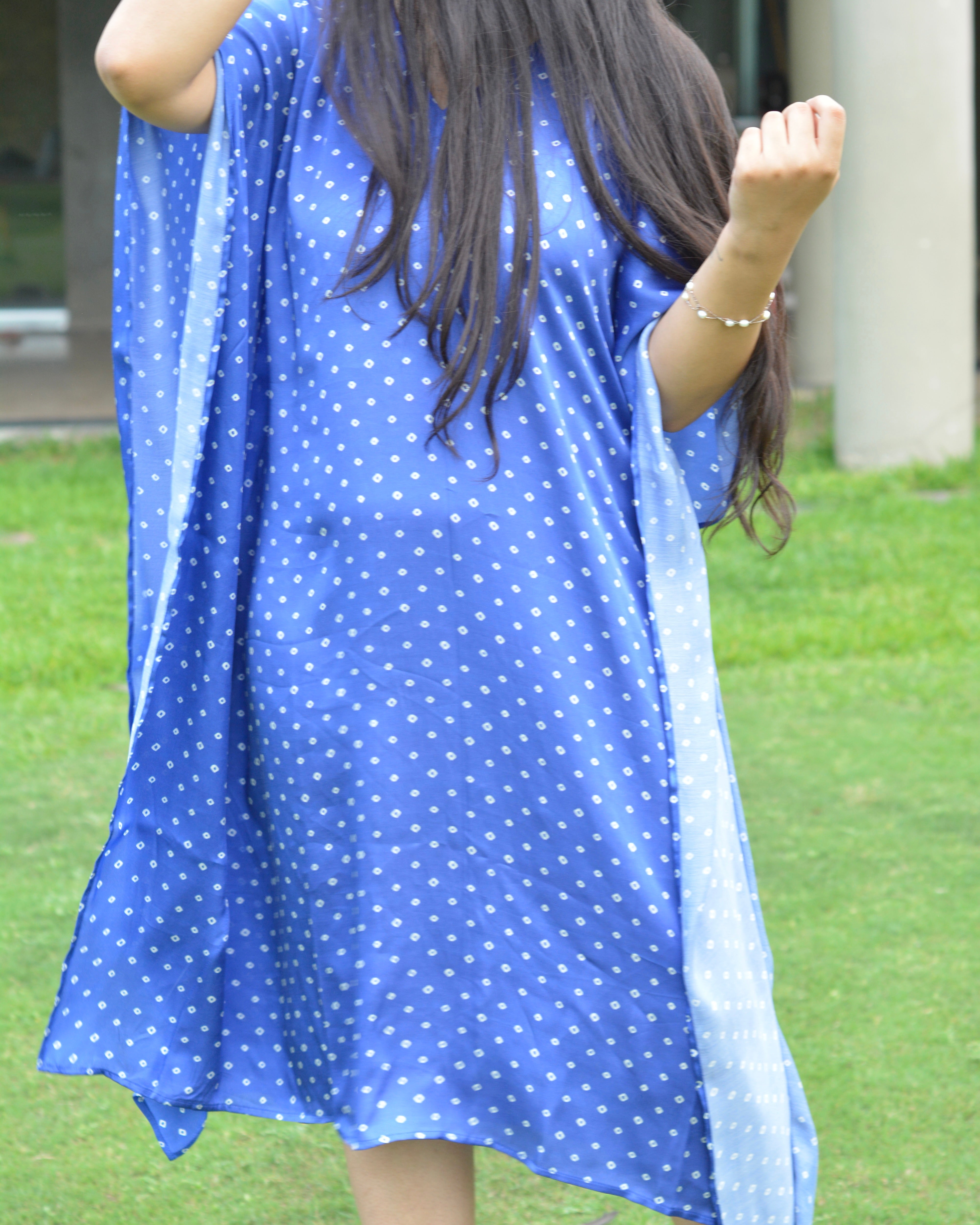 Elegant bandhani print on royal blue modal satin Kaftan - indiefabstore