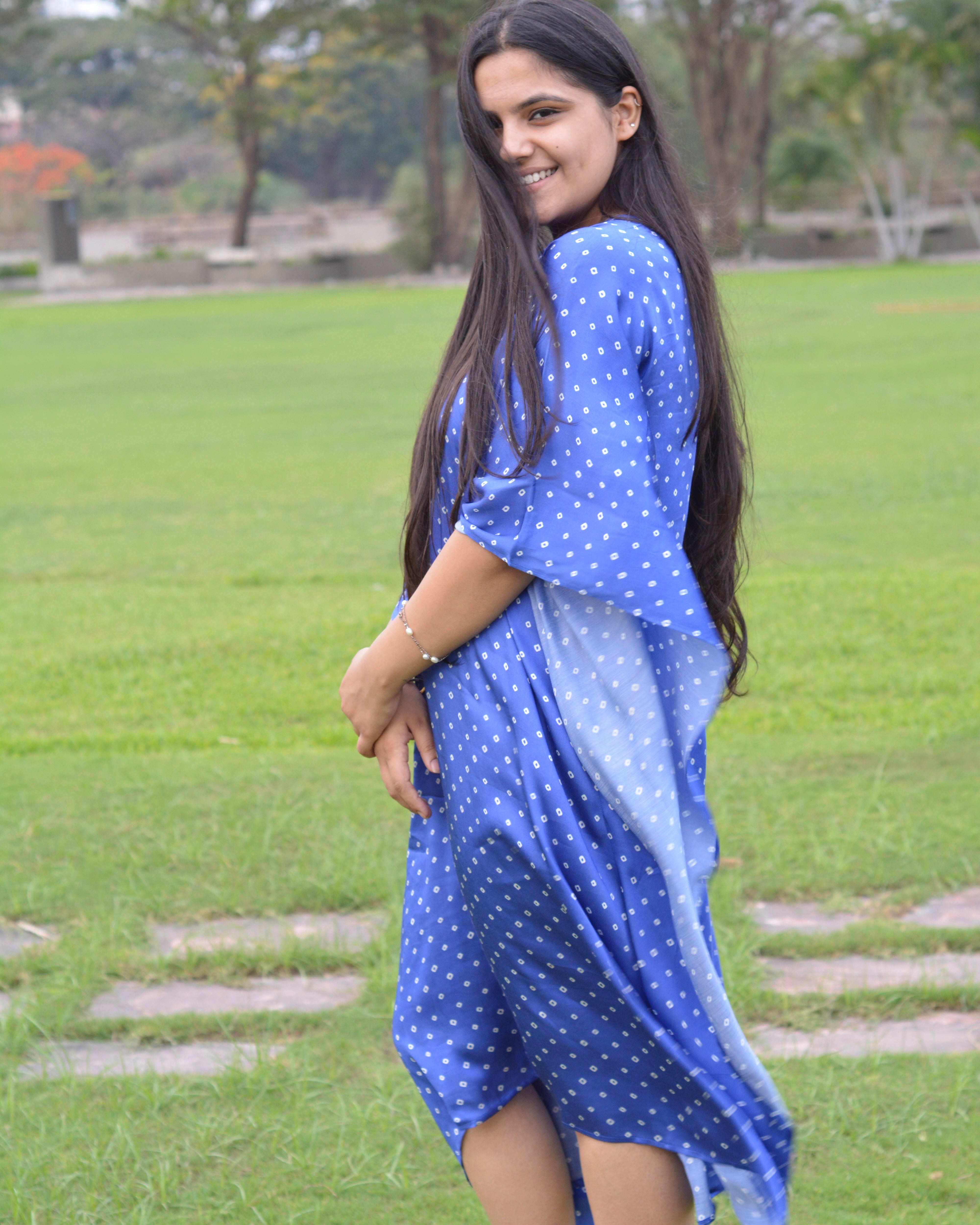 Elegant bandhani print on royal blue modal satin Kaftan - indiefabstore