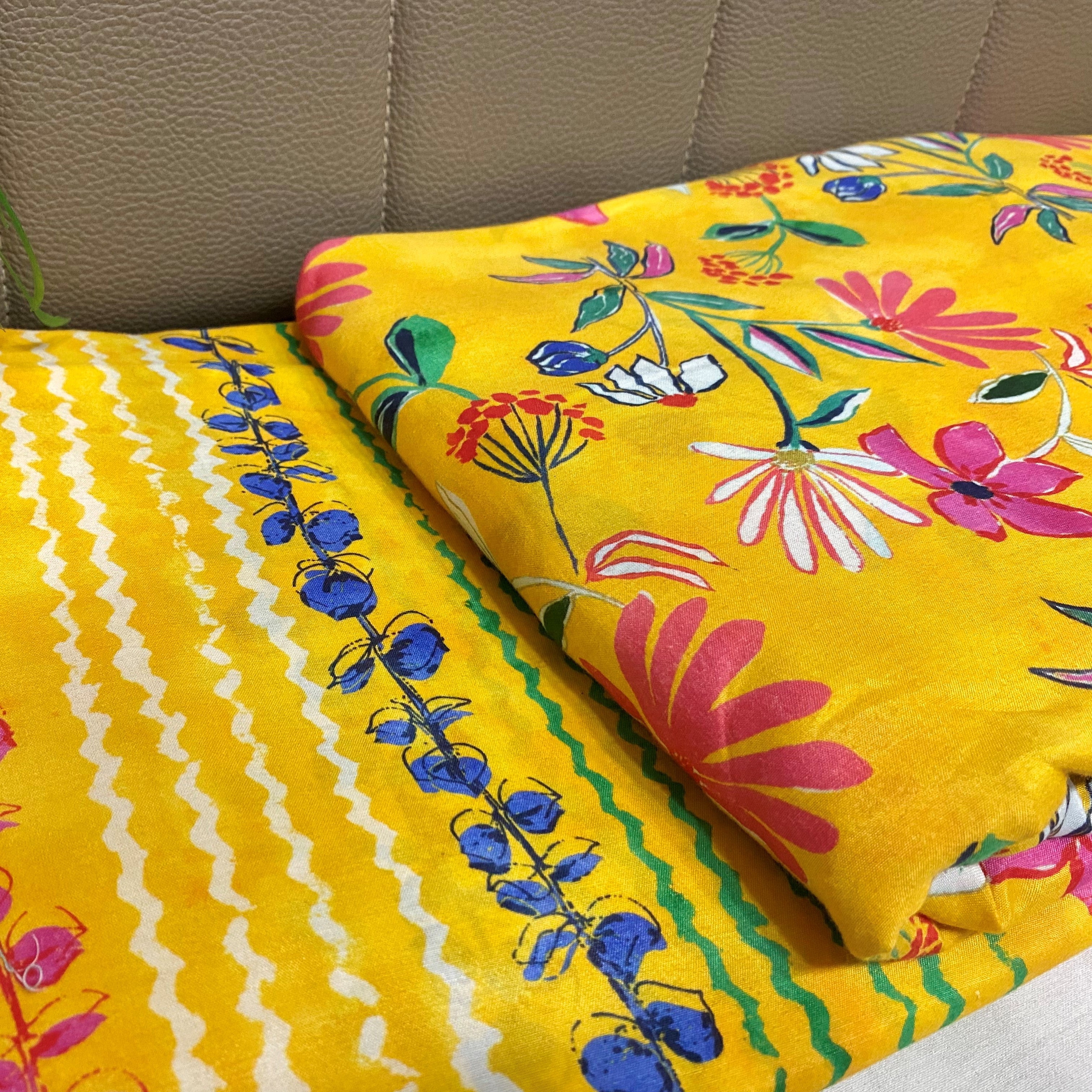 Elegant floral printed Top and bottom Set on Pure Muslin Fabric - Yellow, per meter price - indiefabstore