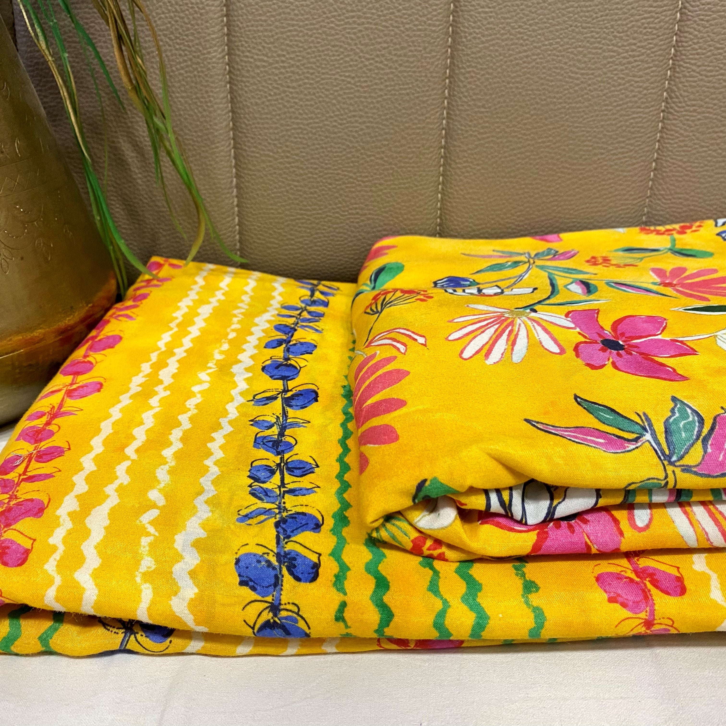 Elegant floral printed Top and bottom Set on Pure Muslin Fabric - Yellow, per meter price - indiefabstore