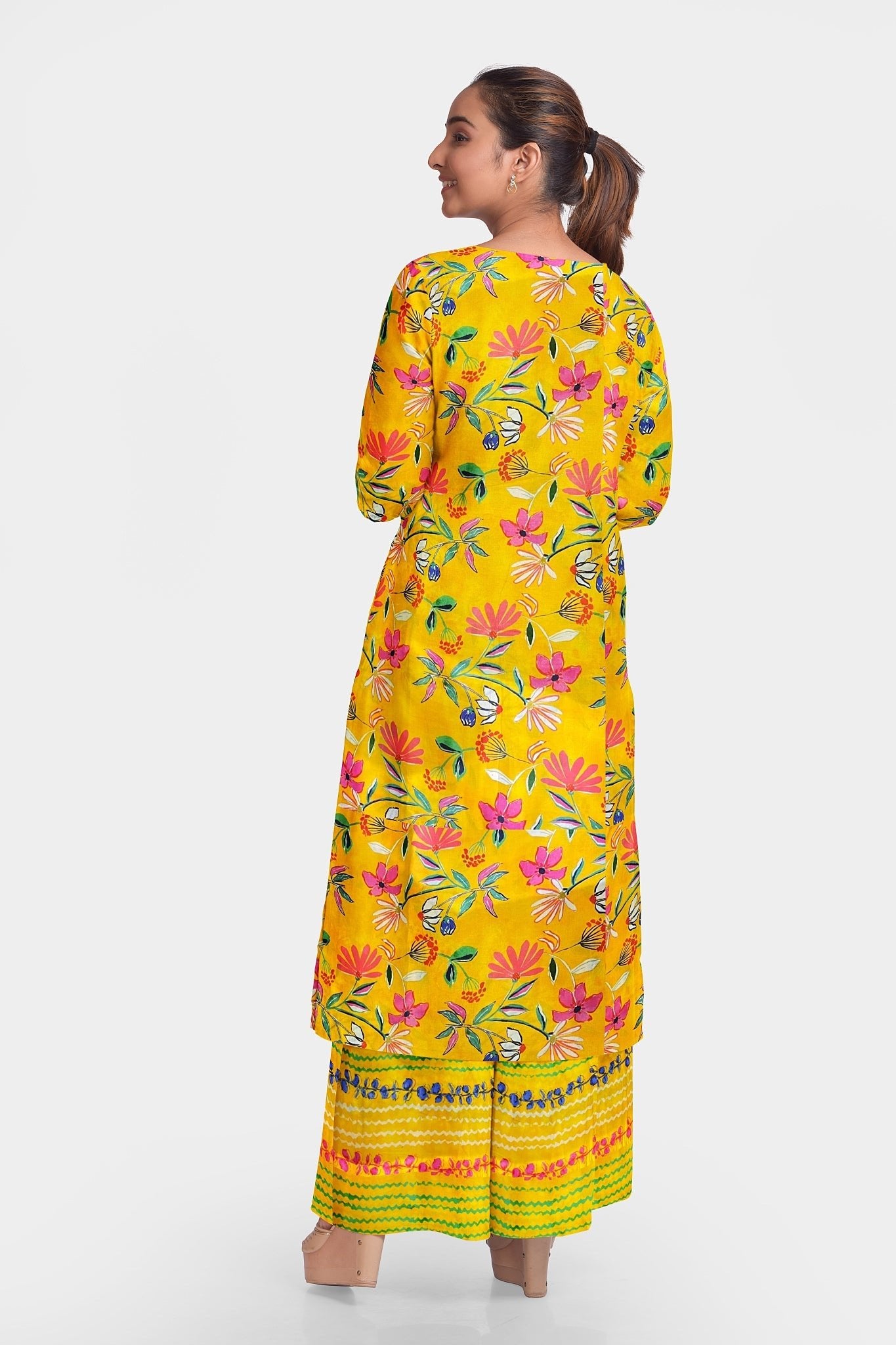 Elegant floral printed Top and bottom Set on Pure Muslin Fabric - Yellow, per meter price - indiefabstore