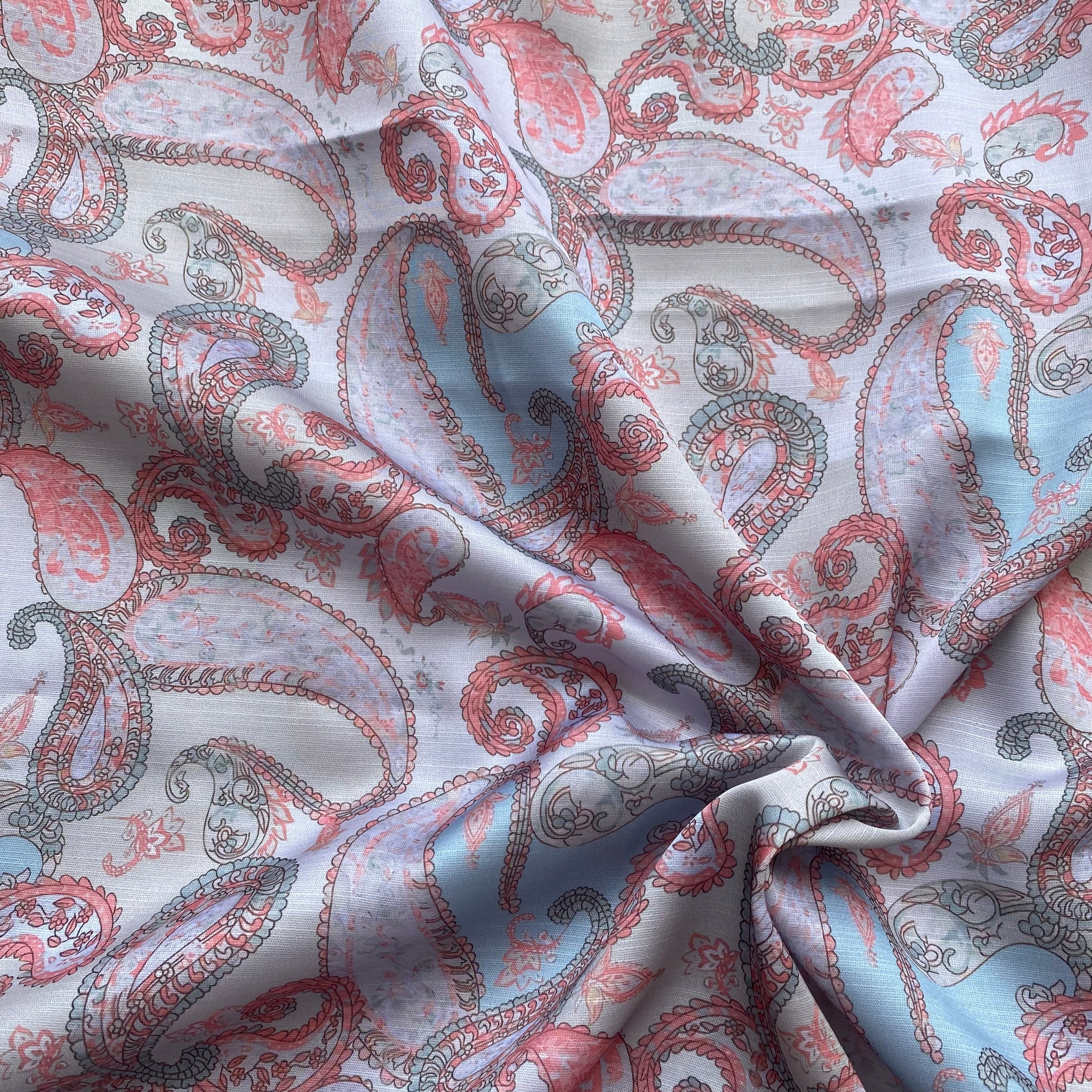 Elegant paisley print on Linen satin fabric per meter - indiefabstore