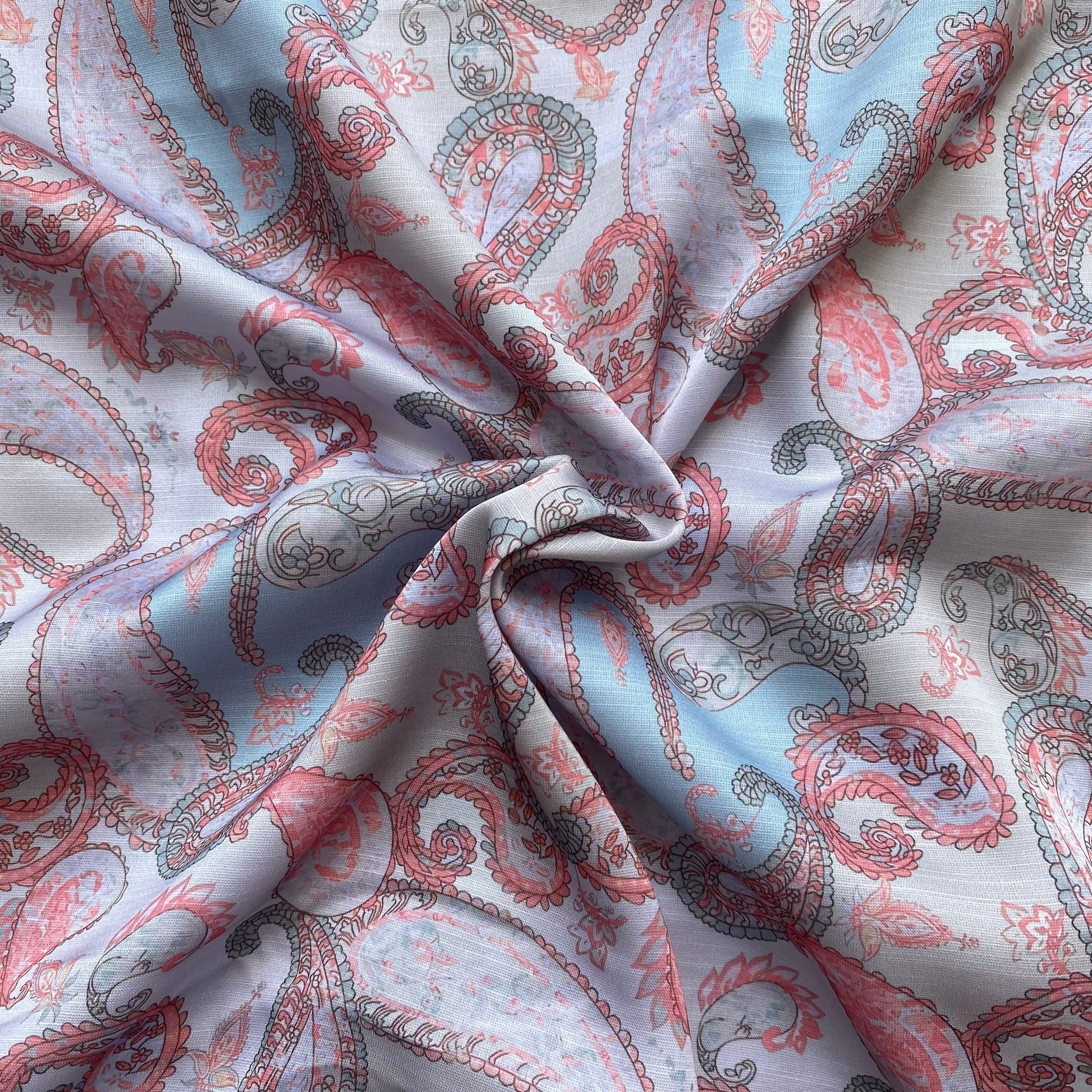 Elegant paisley print on Linen satin fabric per meter - indiefabstore