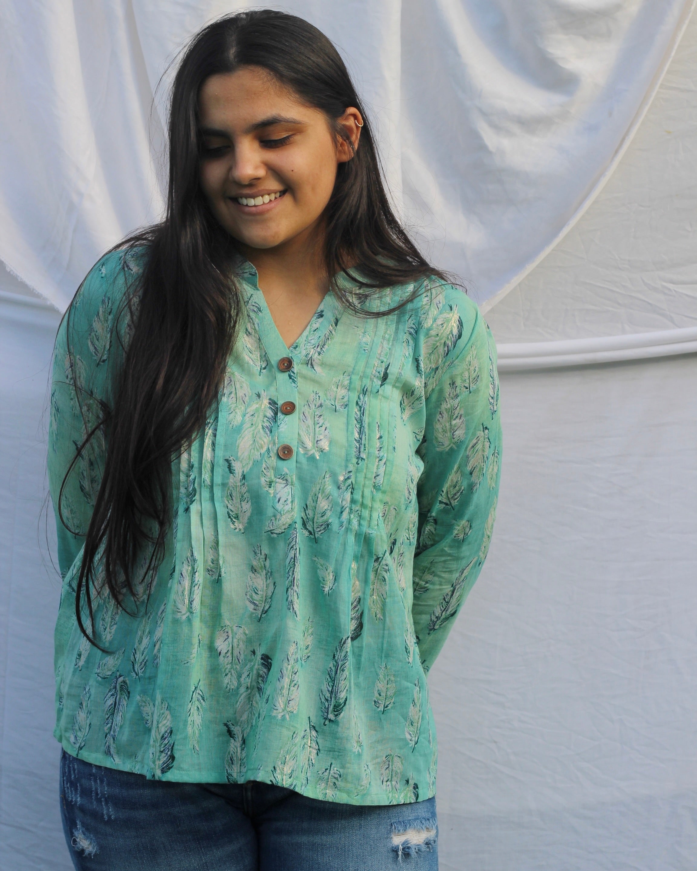 Feather print pleated short kurti on mul cotton fabric - indiefabstore