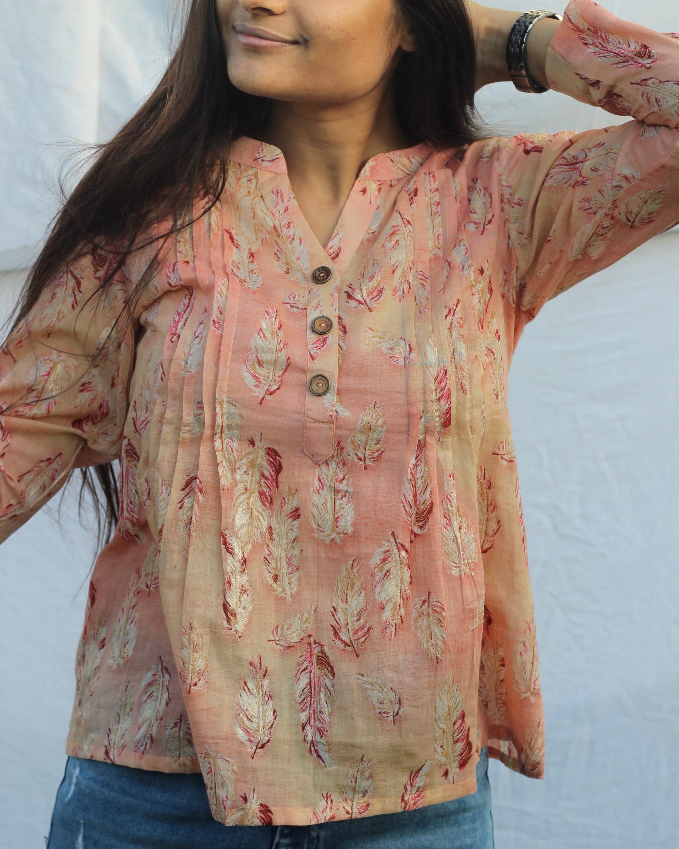 Feather print pleated short kurti on mul cotton fabric - indiefabstore