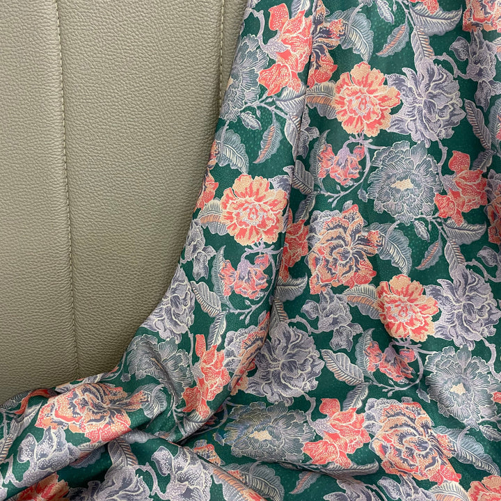 Floral Green Linen Satin fabric per meter - indiefabstore