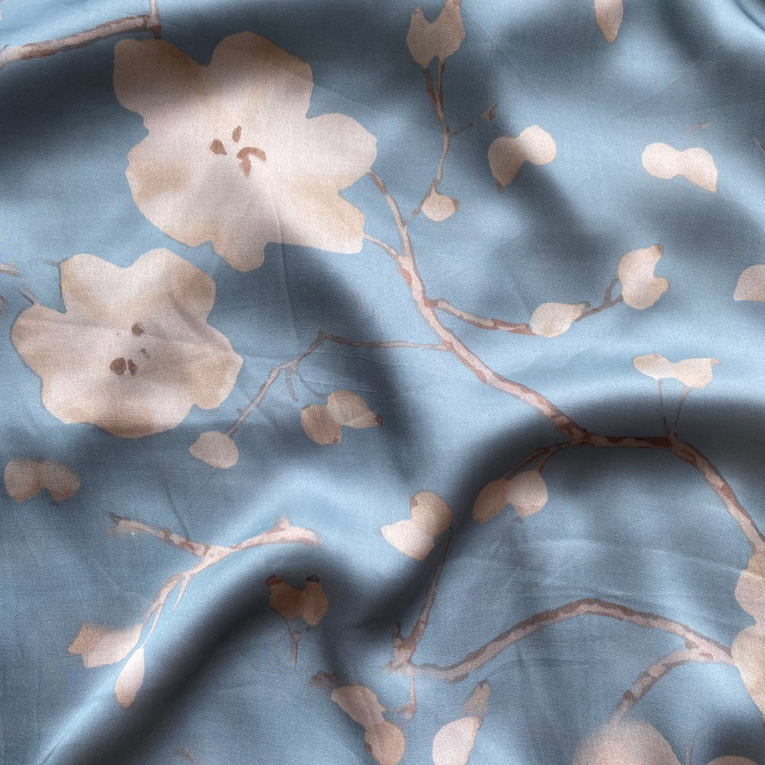 Floral Sky blue print on Modal satin fabric per meter - indiefabstore
