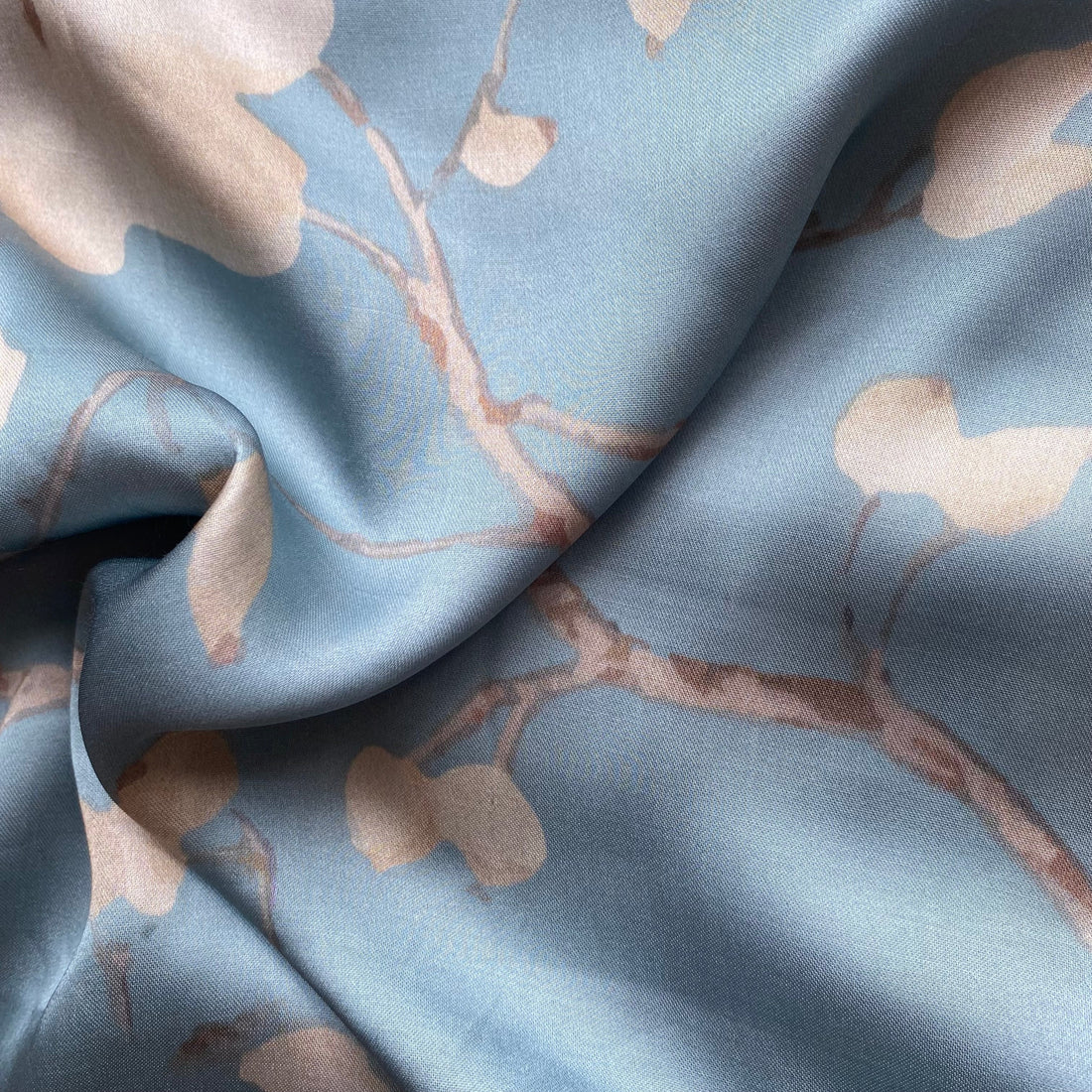 Floral Sky blue print on Modal satin fabric per meter - indiefabstore