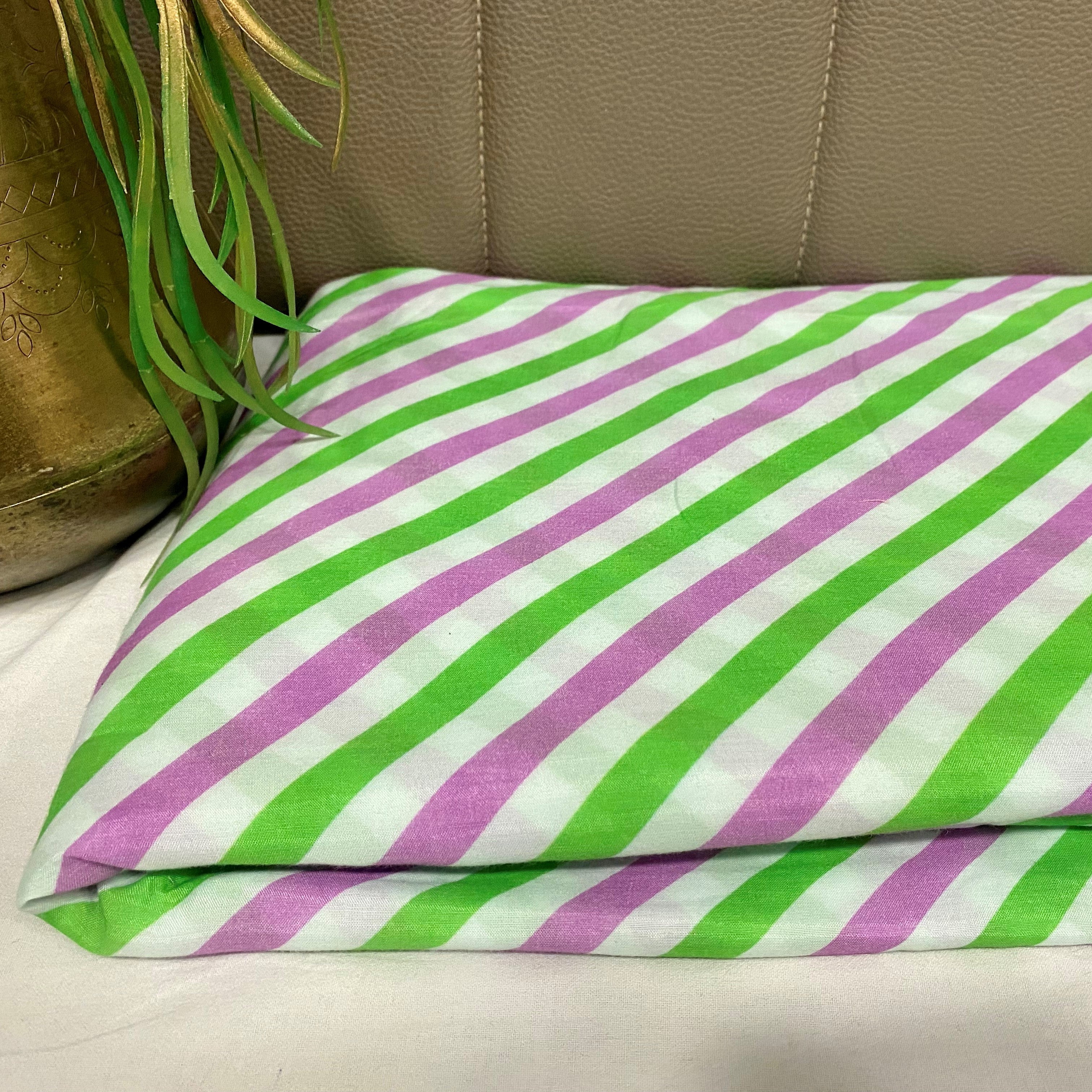 Green and Purple stripes print on Pure muslin fabric per meter - indiefabstore